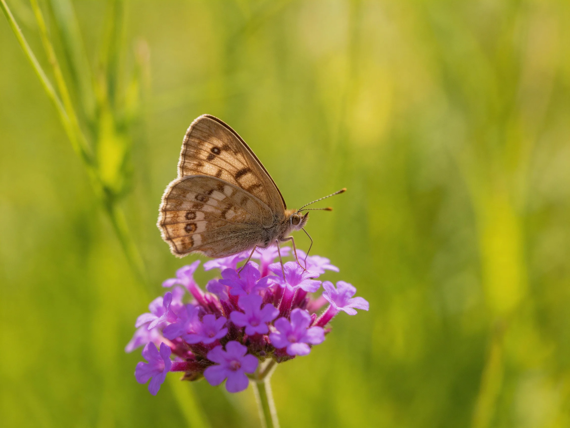 A brown butterfly perched on vibrant purple flowers amid green foliage