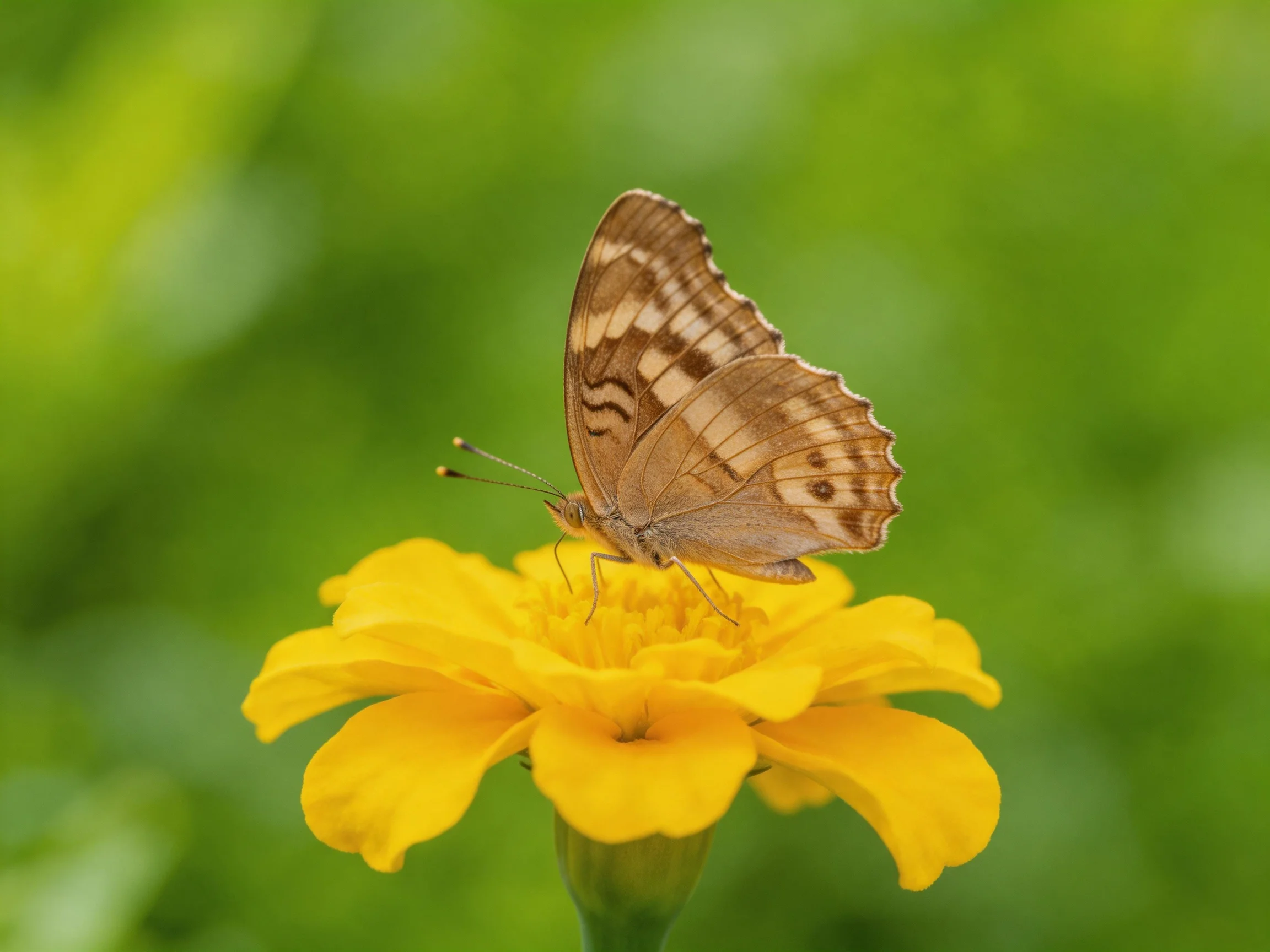 A brown butterfly perches on a bright yellow flower with green backdrop