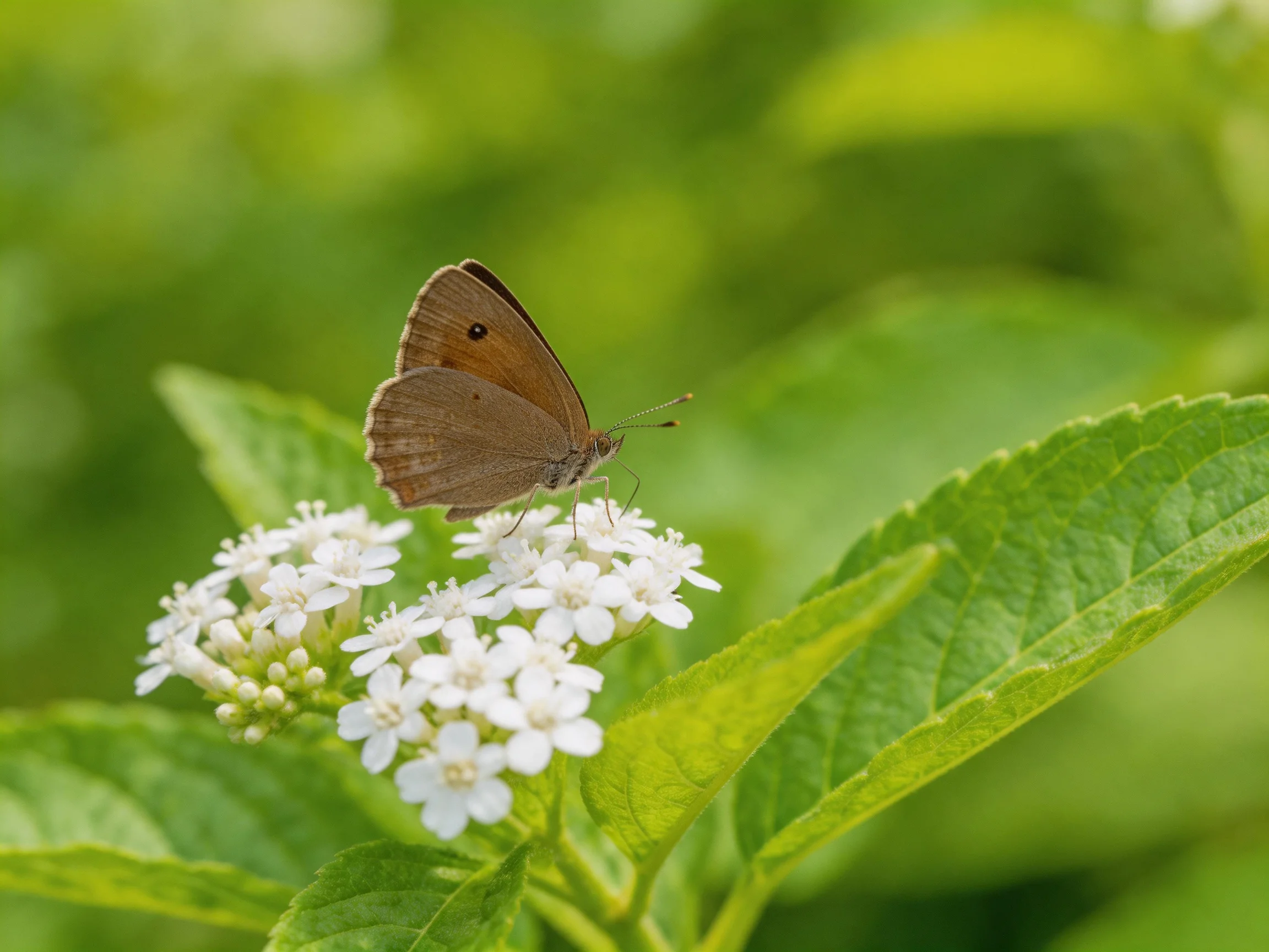 A brown butterfly perches on small white blooms amid broad green leaves