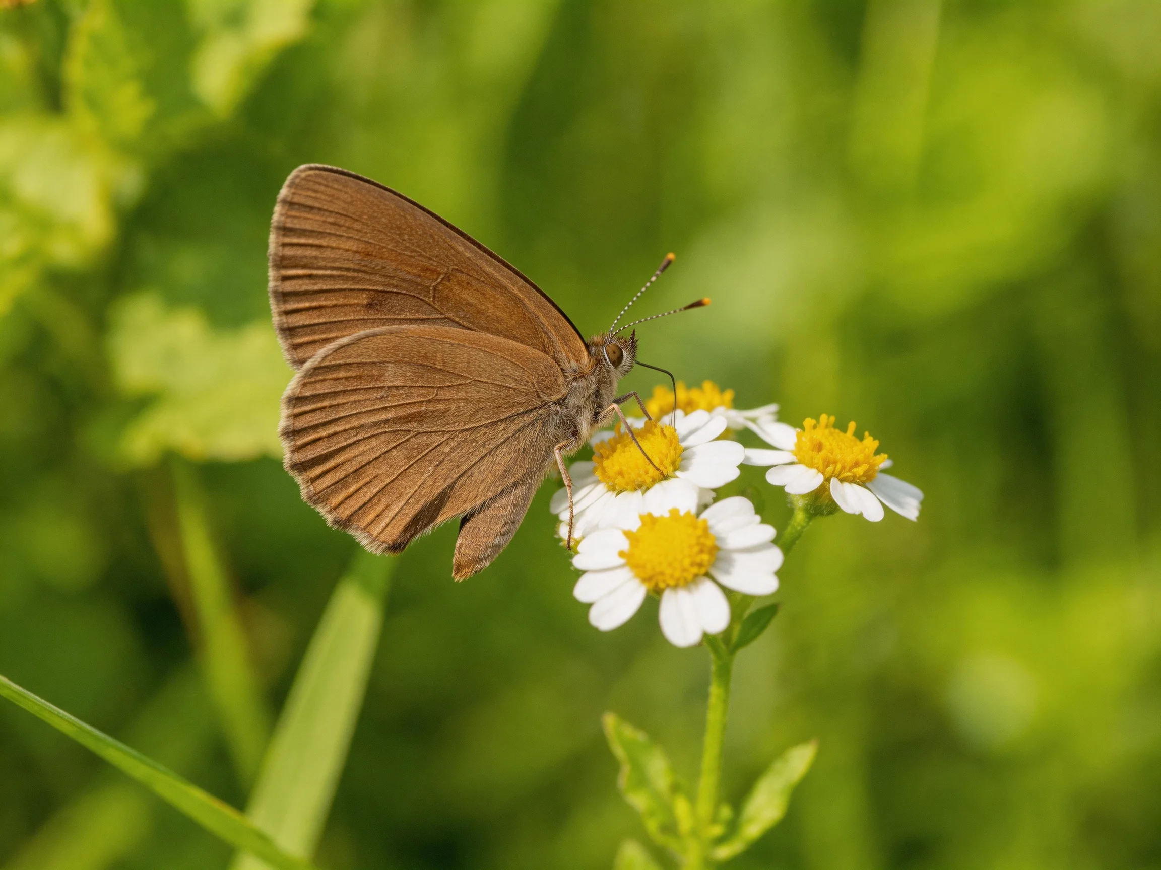 A brown butterfly perches on small white-yellow blooms amid lush green foliage