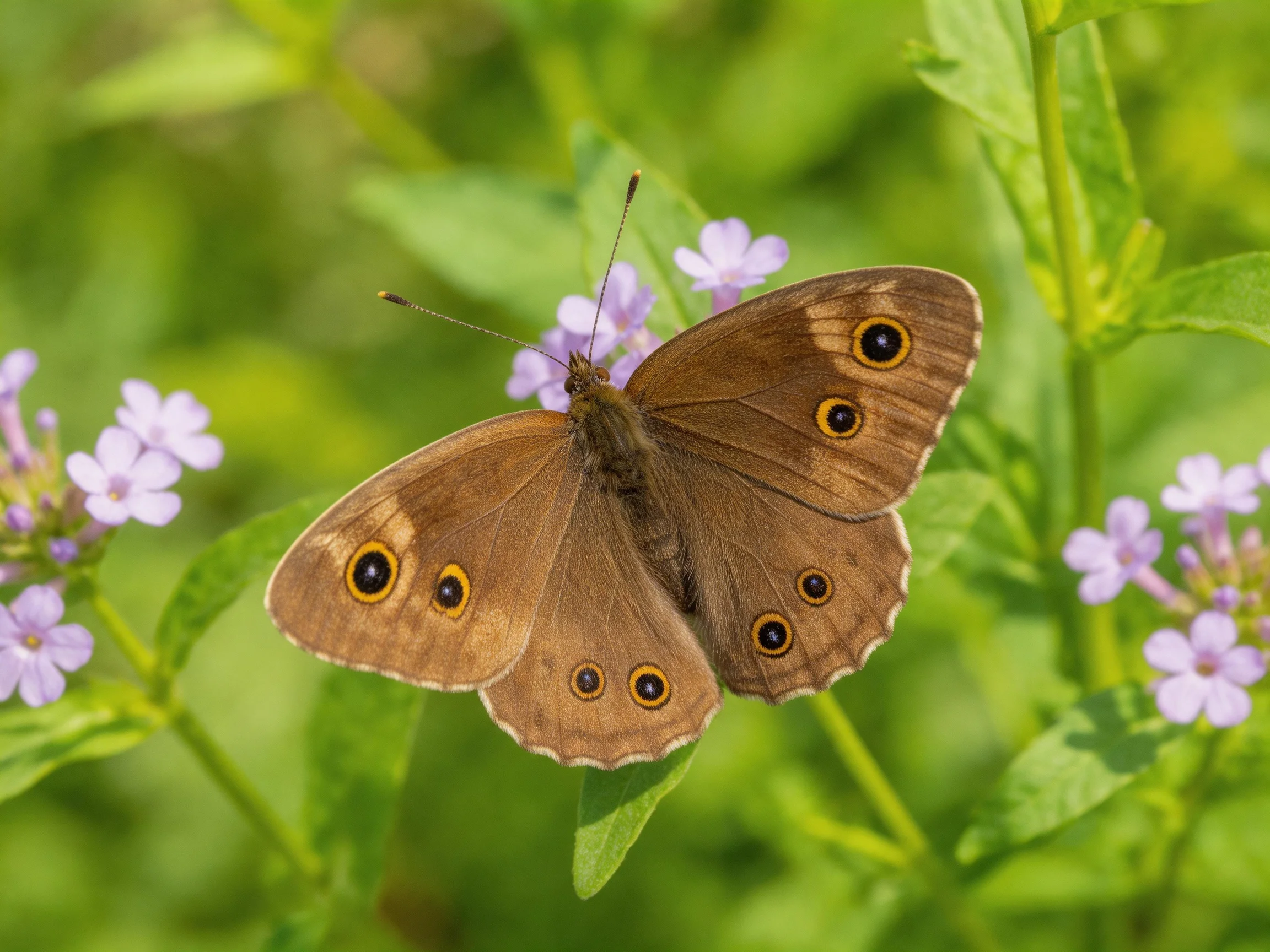A brown butterfly with eye spots on small purple flowers