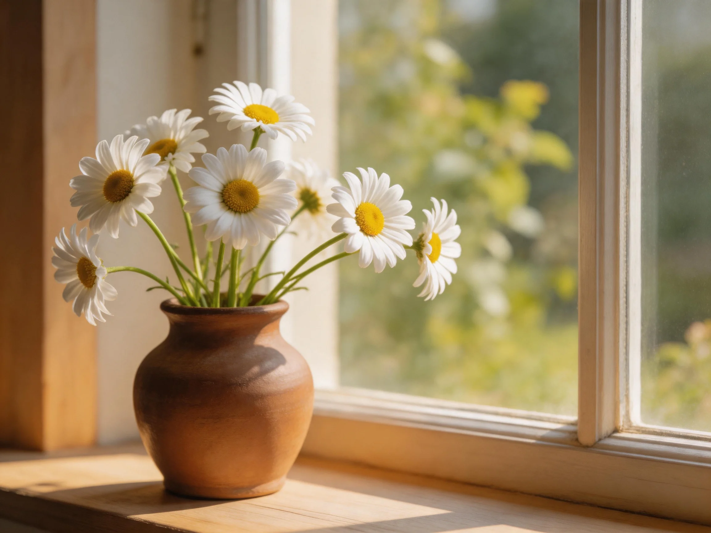 A brown ceramic vase holds white daisies by a sunlit window