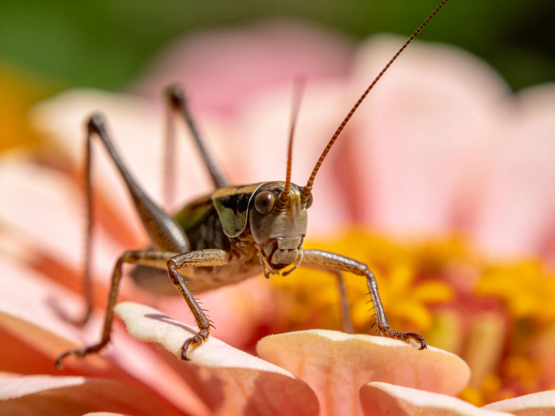 A brown grasshopper rests on soft pink petals beside a bright yellow flower center