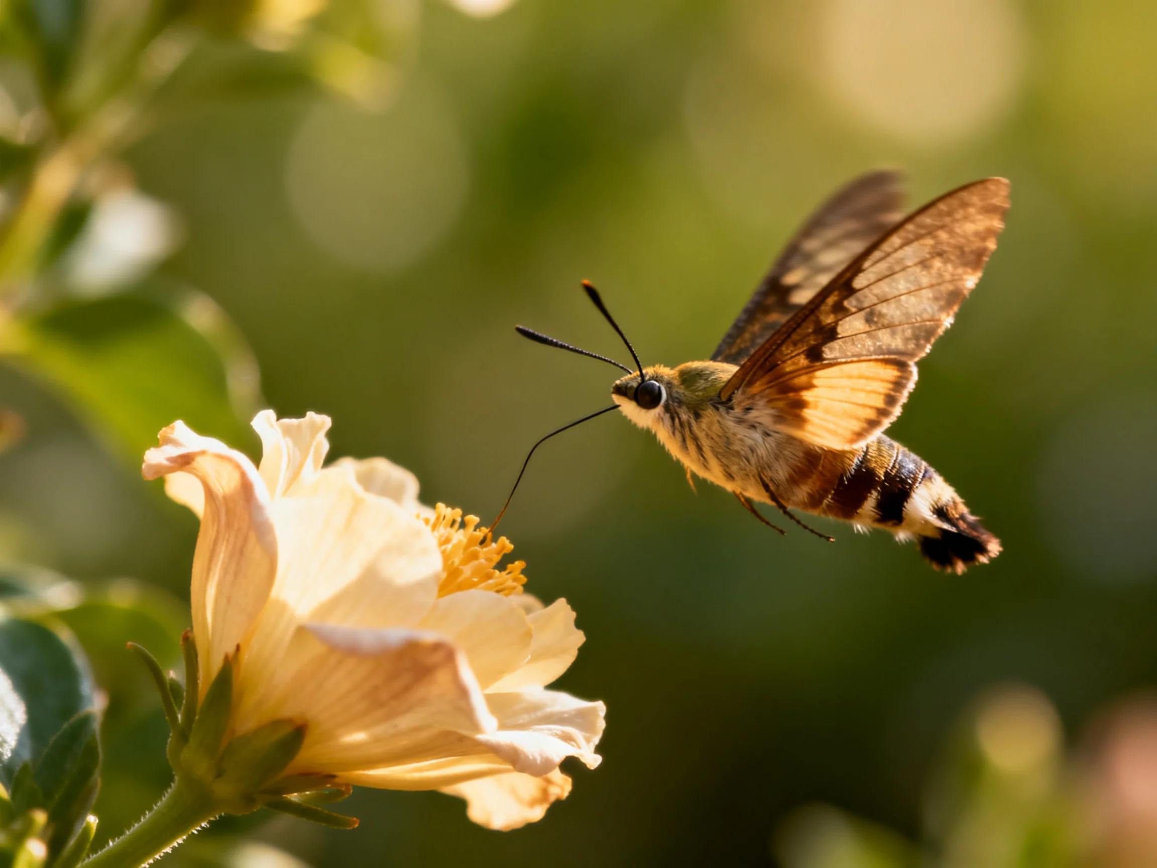 A brown hawkmoth hovers near a pale yellow flower under warm sunlight