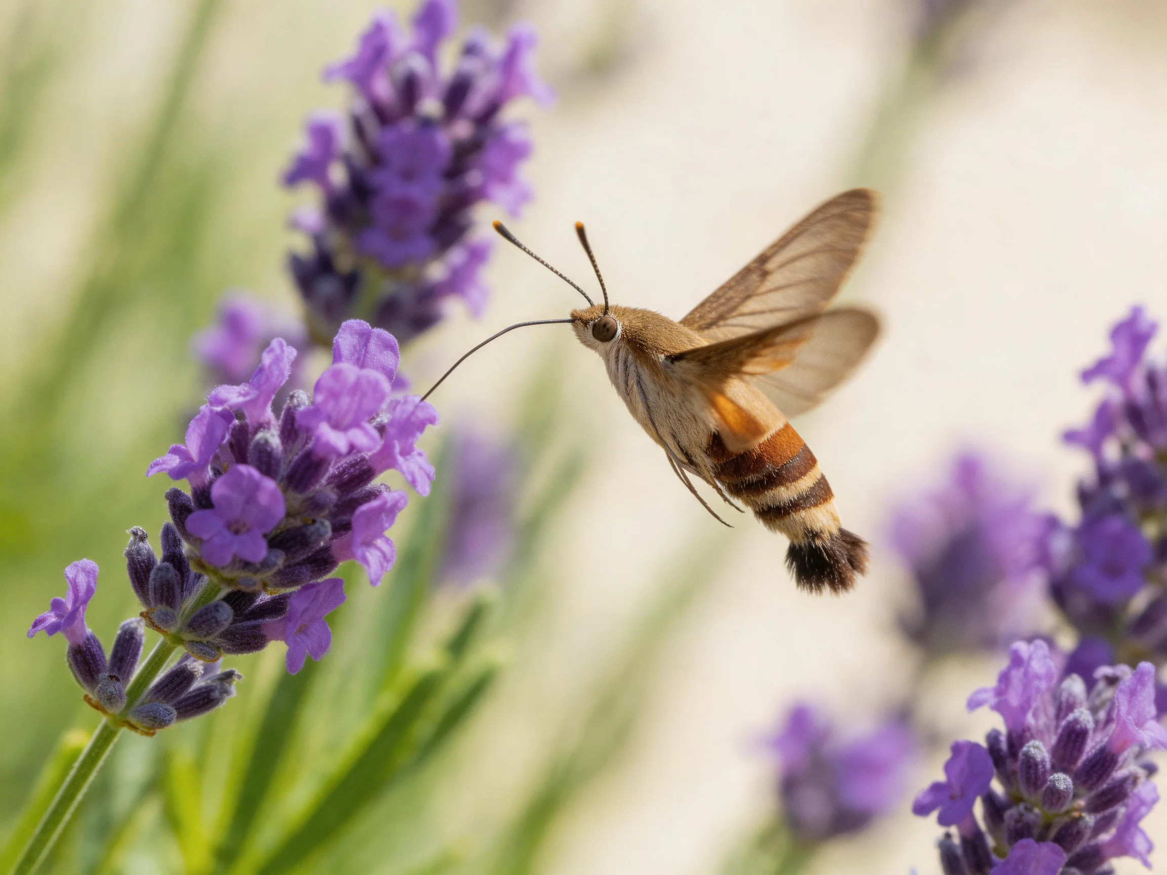 A brown moth hovers near vibrant purple lavender blooms