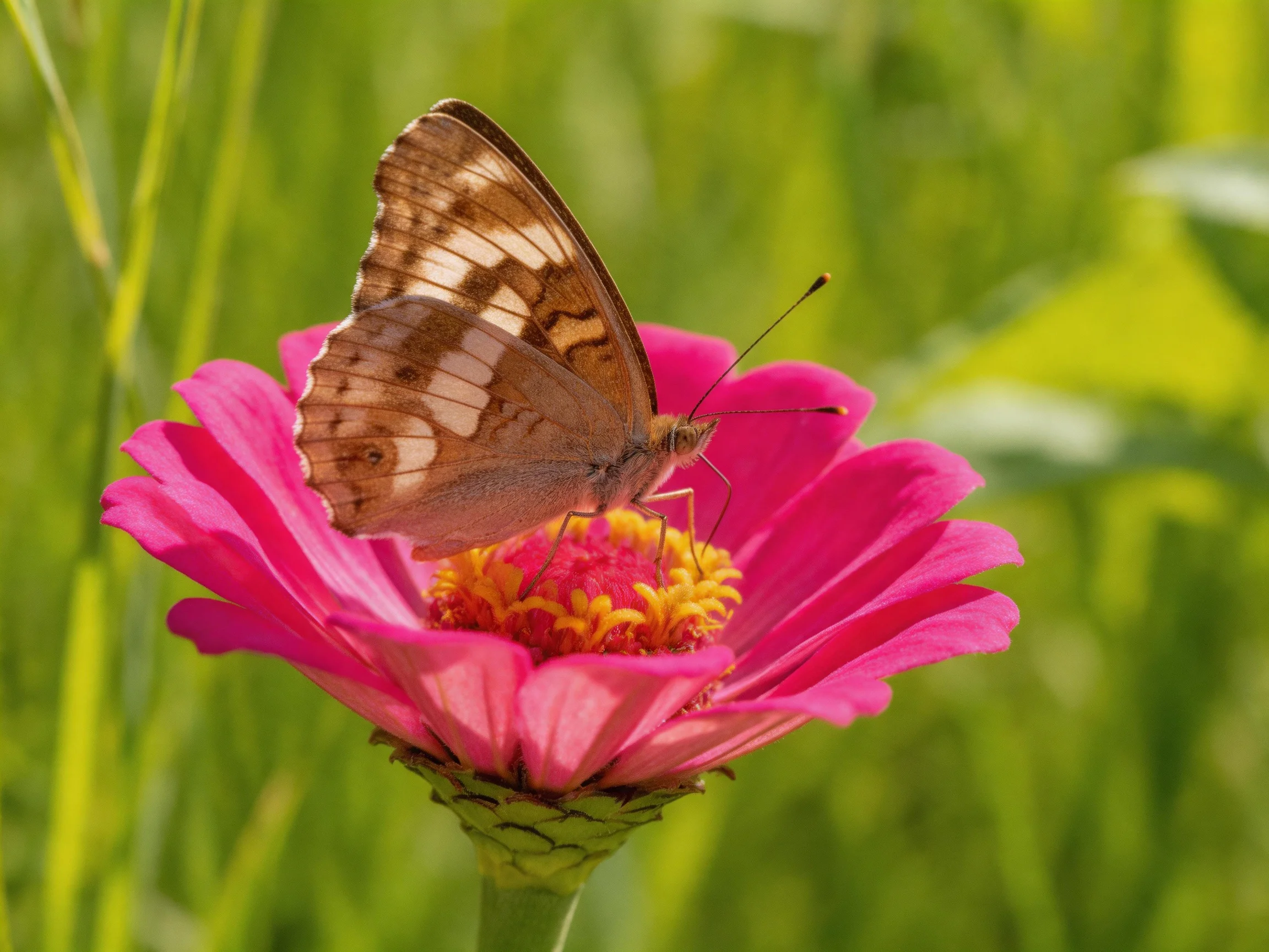 A brown-patterned butterfly on a vibrant pink zinnia flower