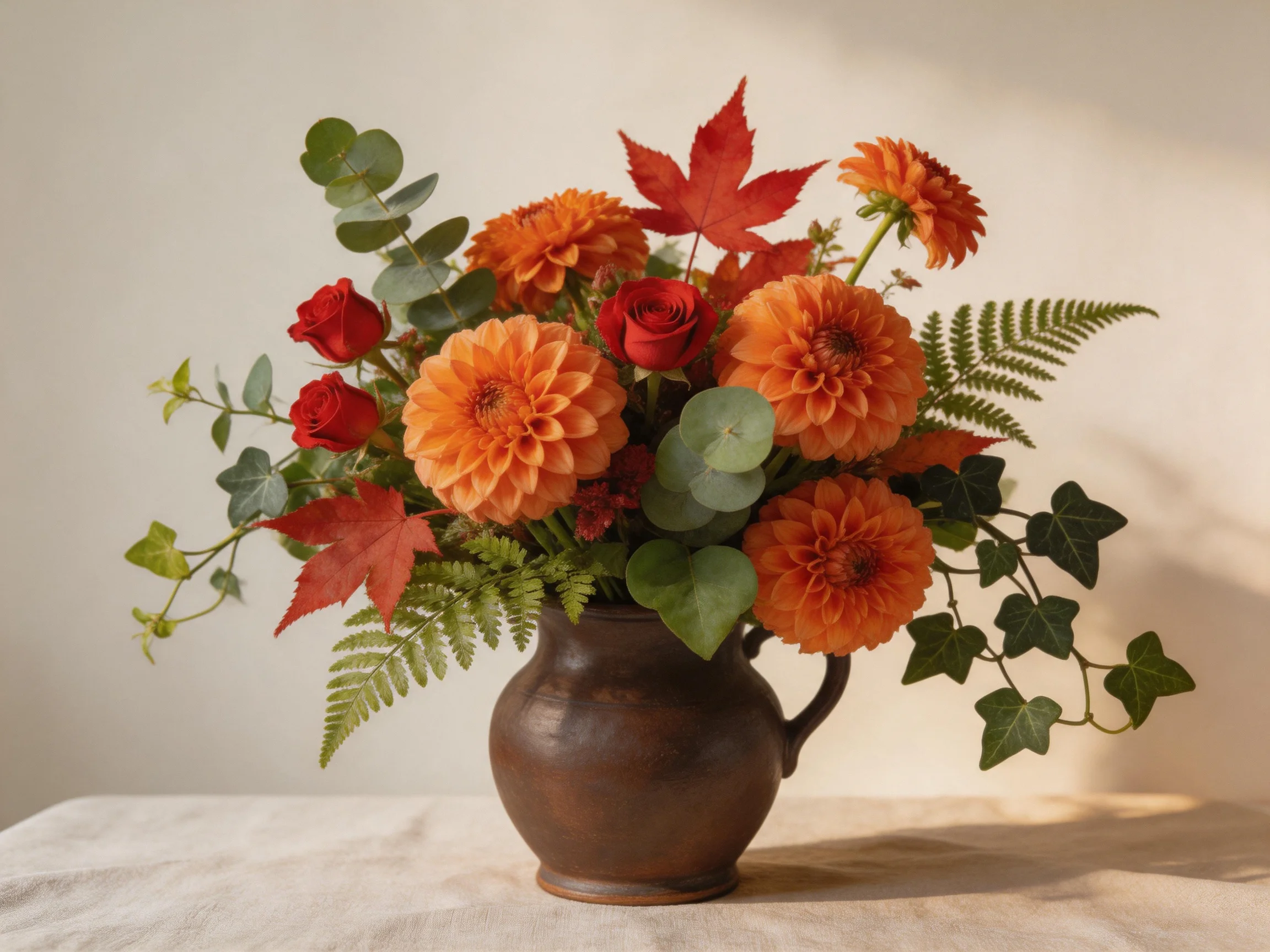 A brown pitcher holds vibrant orange dahlias, red roses, and autumn leaves