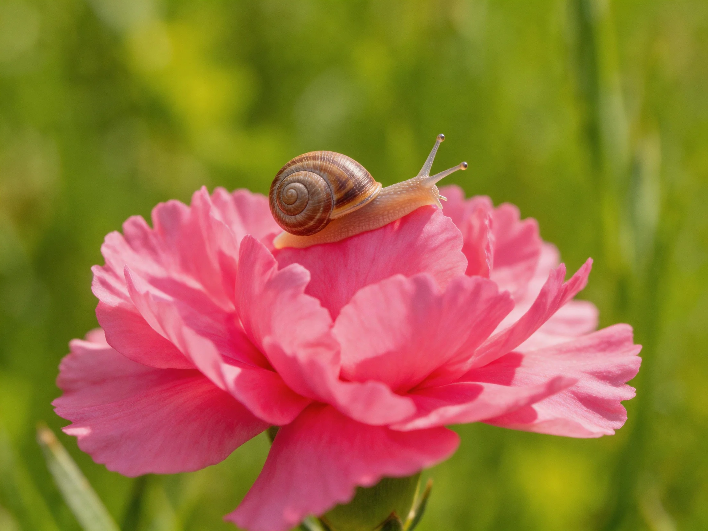 A brown-shelled snail perches on a bright pink carnation