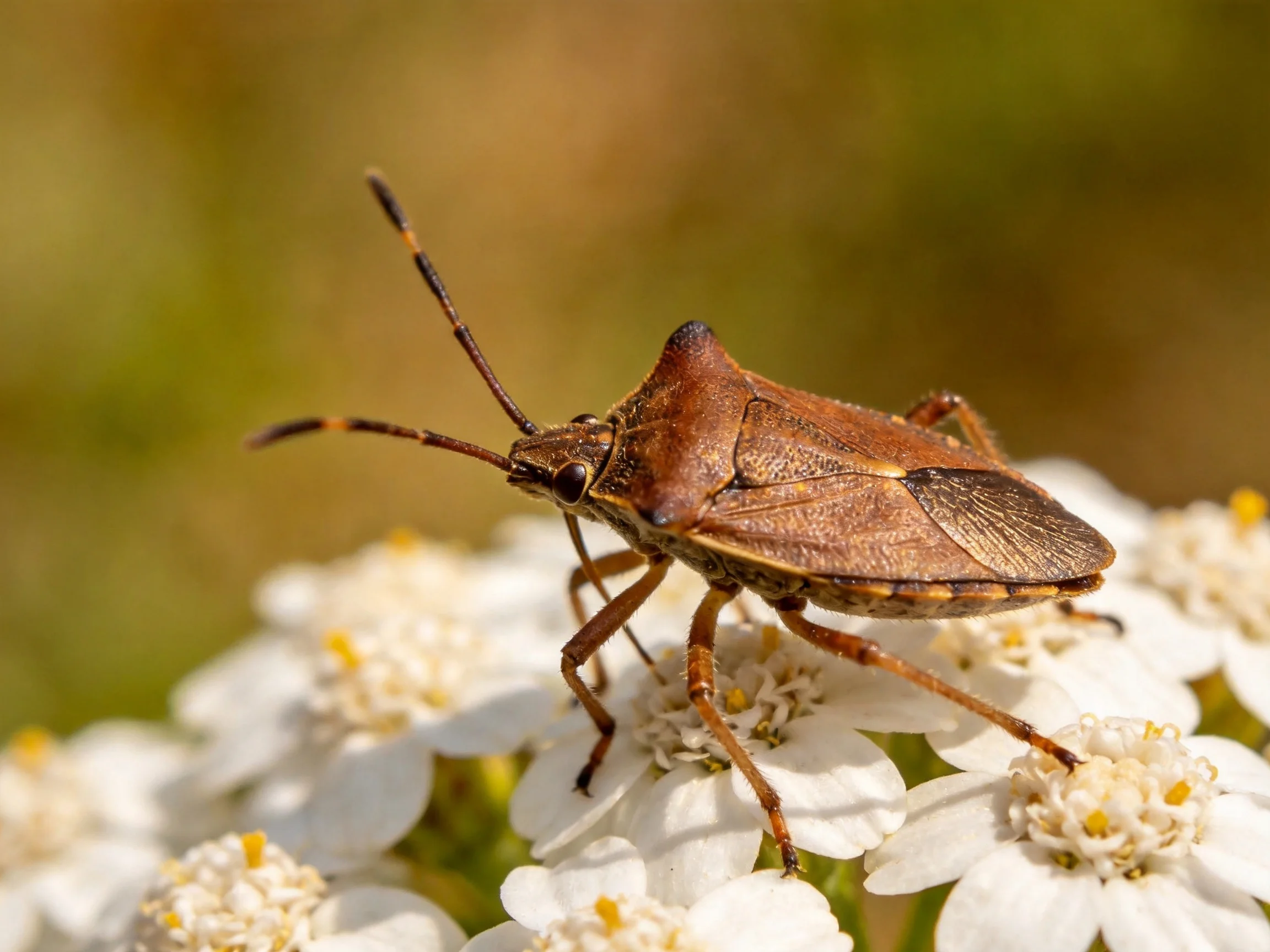 A brown shield bug resting on delicate white flower clusters