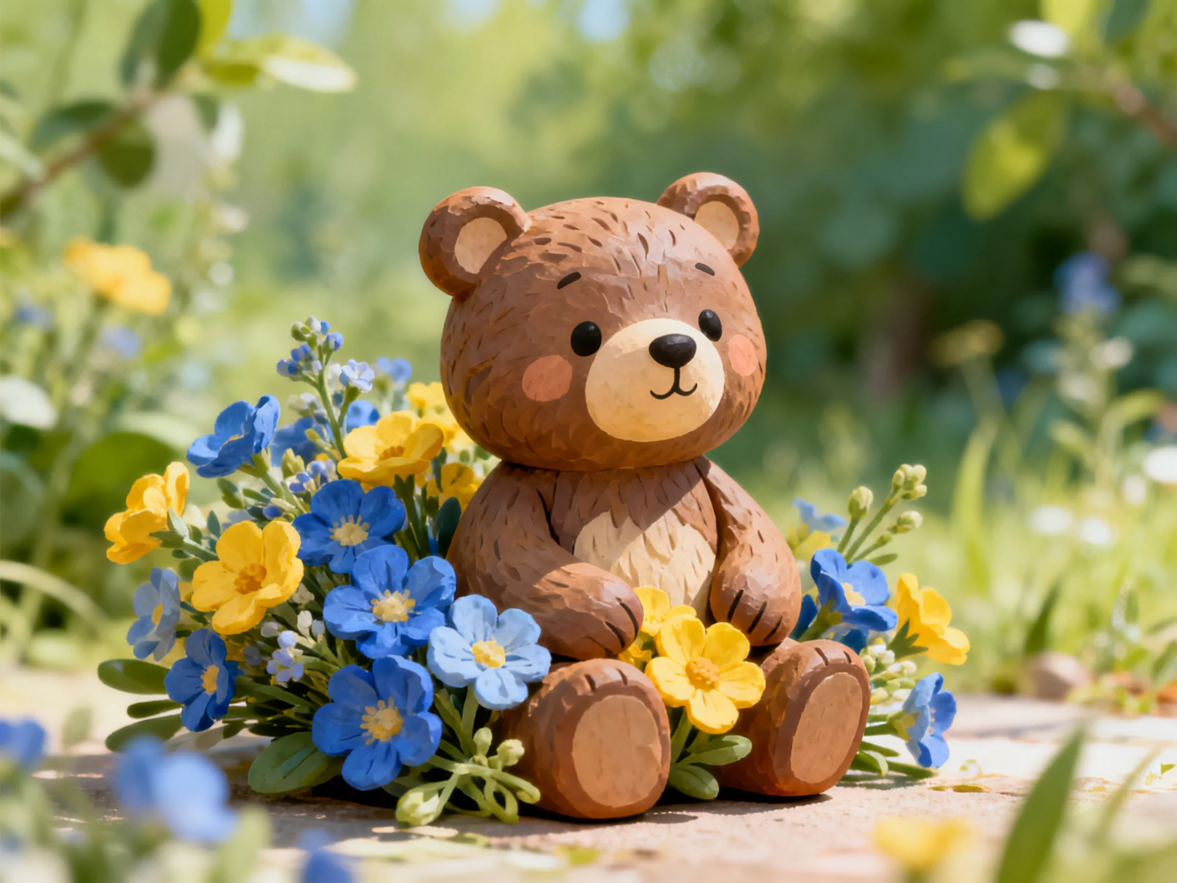 A brown teddy bear surrounded by blue and yellow flowers in a sunlit garden
