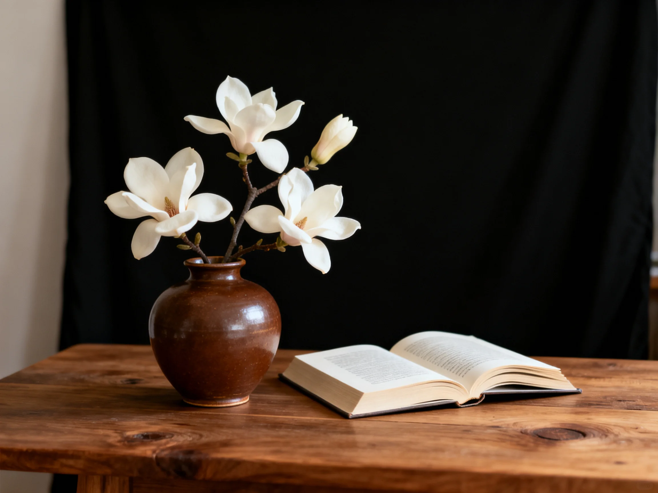 A brown vase holds white magnolias beside an open book on a wooden table