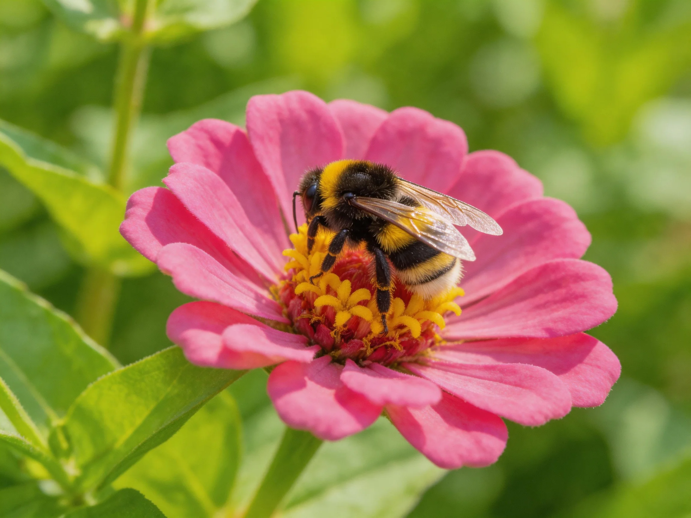 A bumblebee collecting nectar from a vibrant pink zinnia