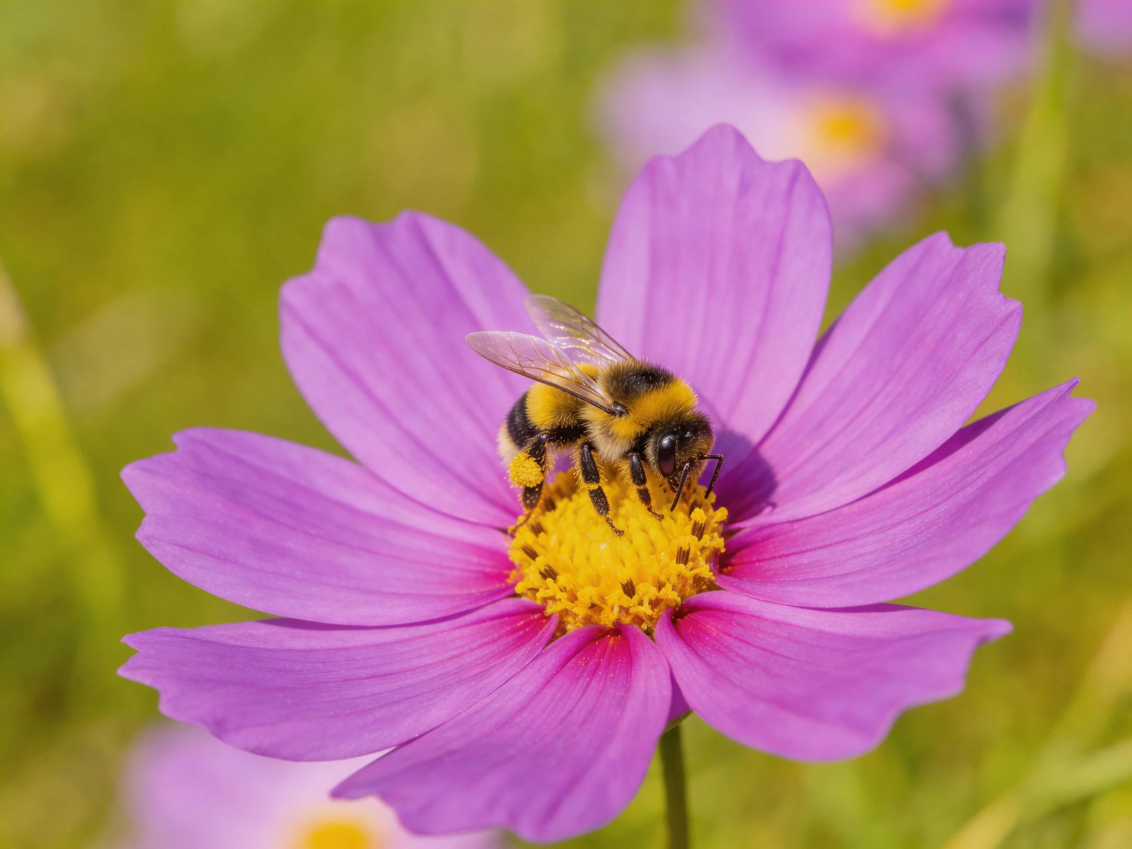 A bumblebee collecting nectar from a vibrant purple flower