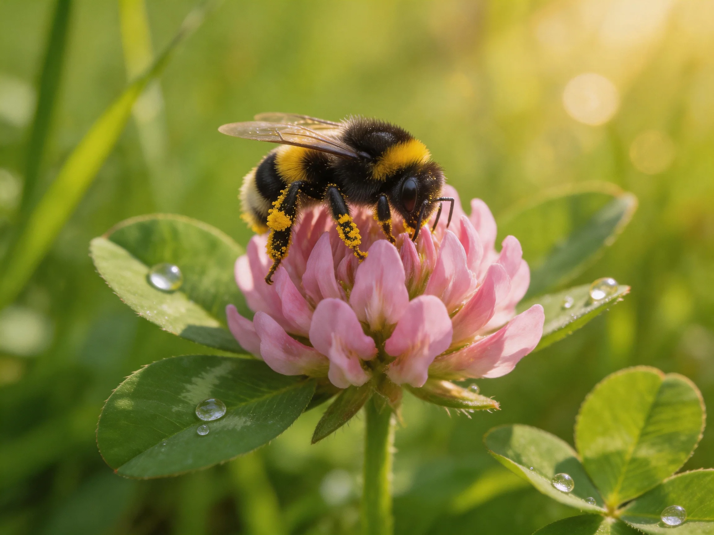 A bumblebee collecting pollen from a pink clover blossom