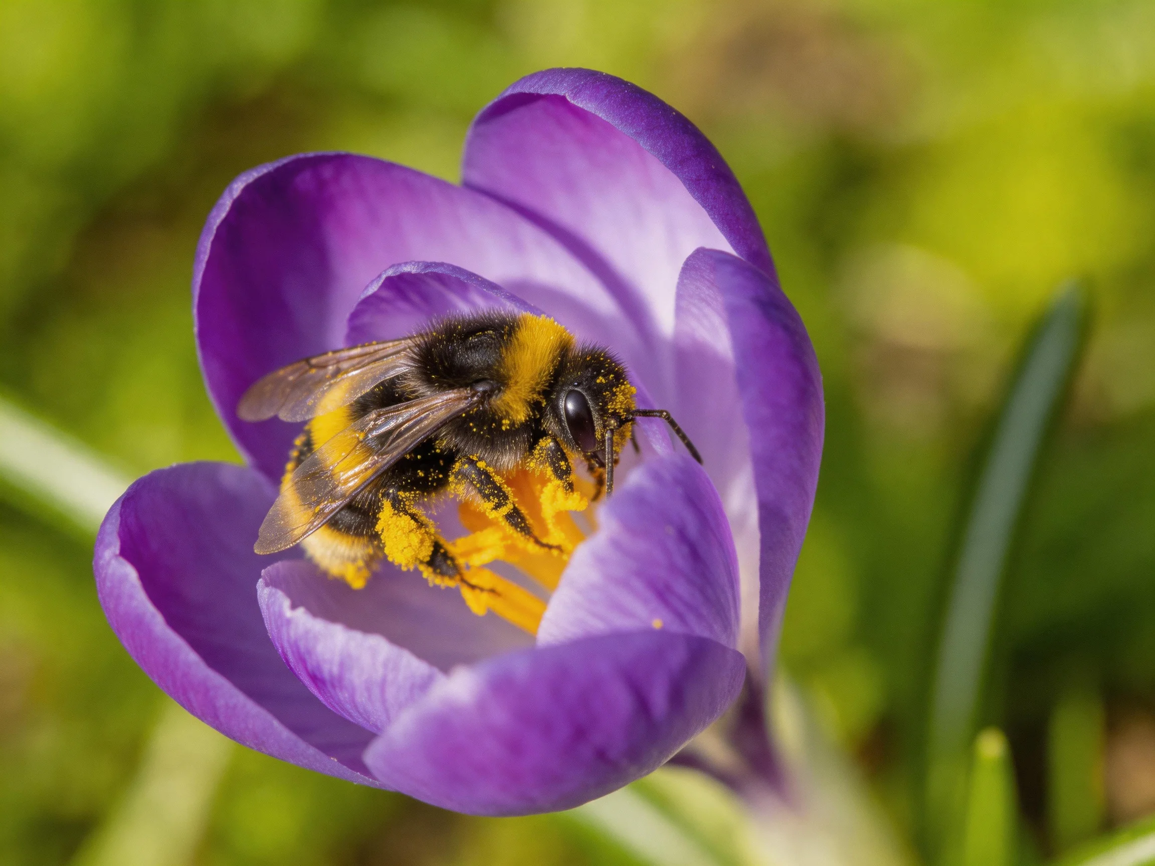 A bumblebee collecting pollen from a single vibrant purple crocus