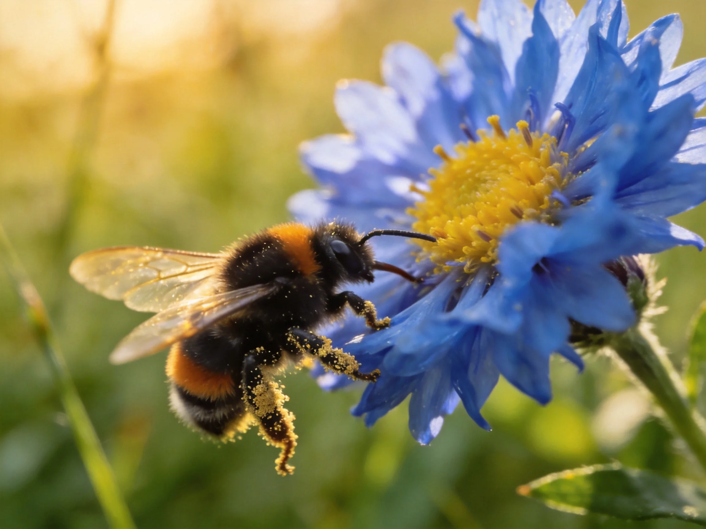 A bumblebee collecting pollen from a vibrant blue flower
