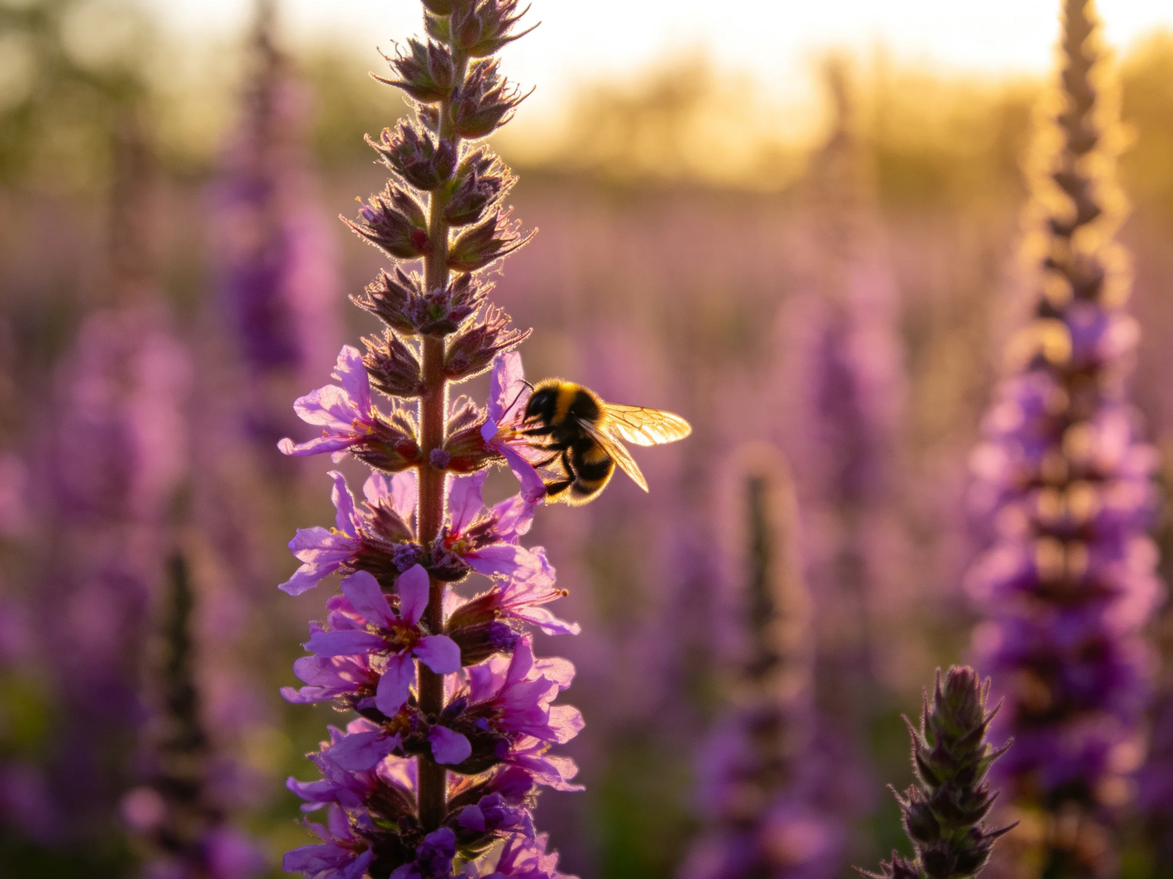A bumblebee collects nectar from tall purple wildflowers