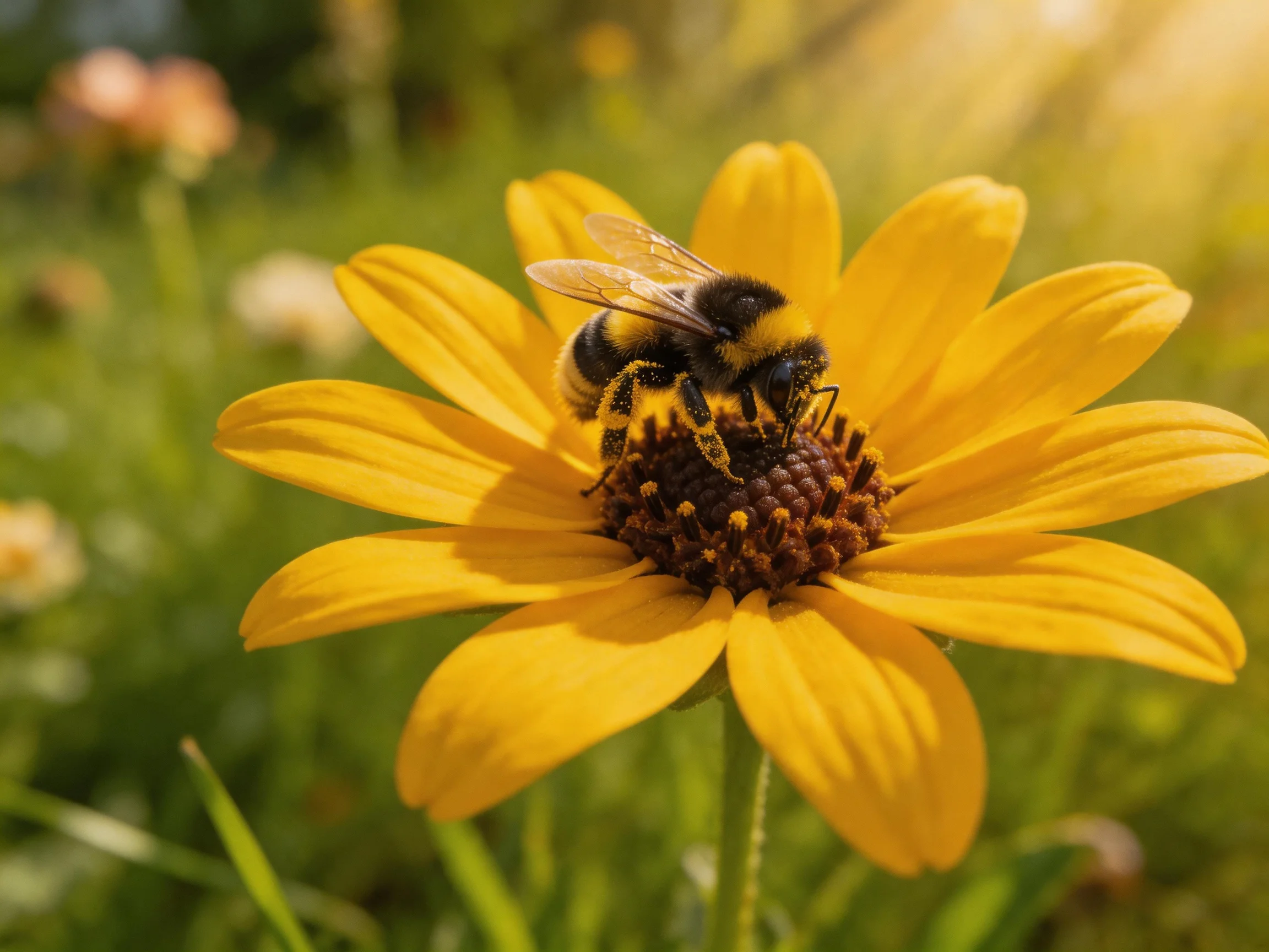 A bumblebee gathering nectar from a large bright yellow flower