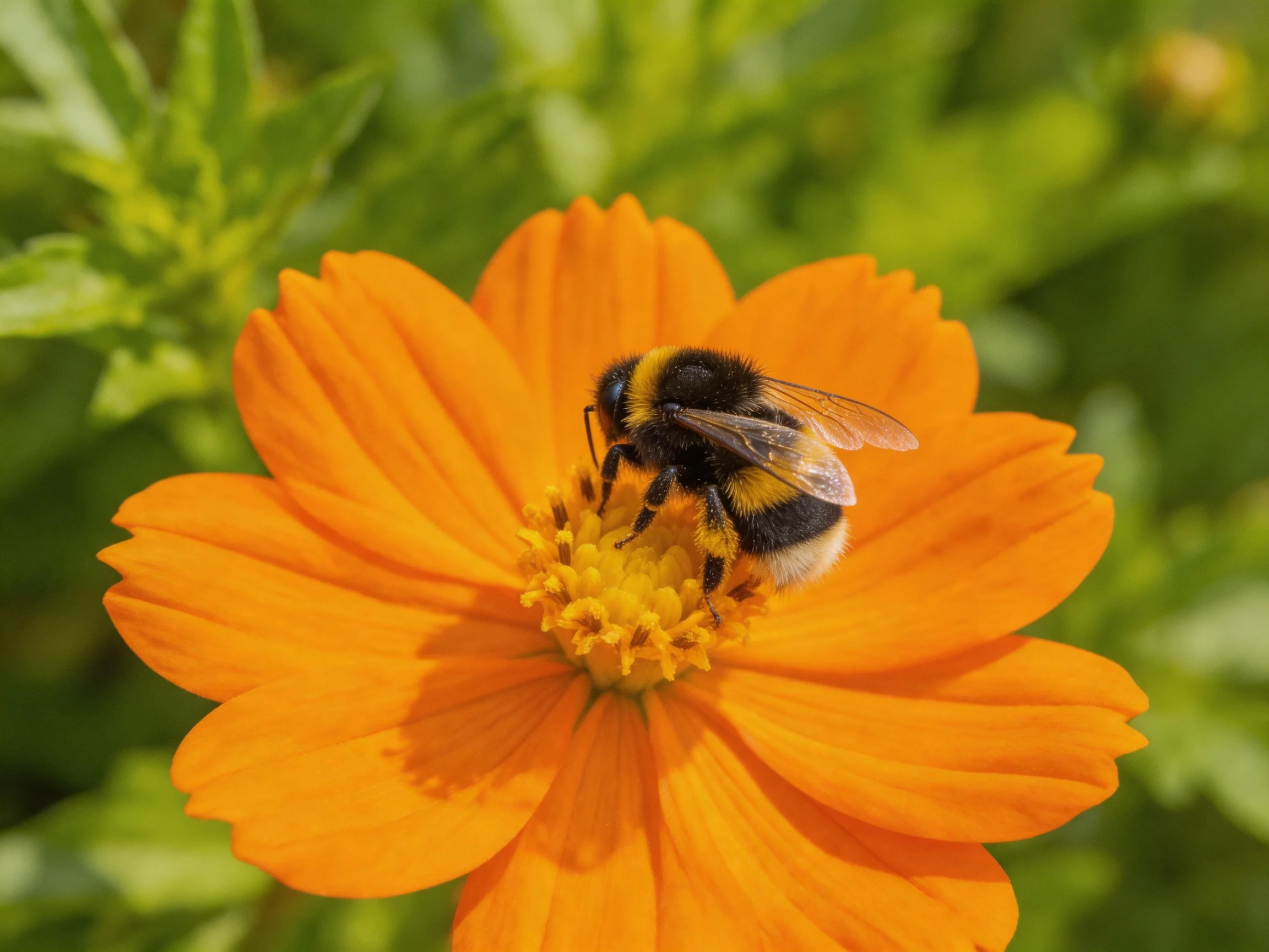 A bumblebee gathers nectar from a bright orange flower