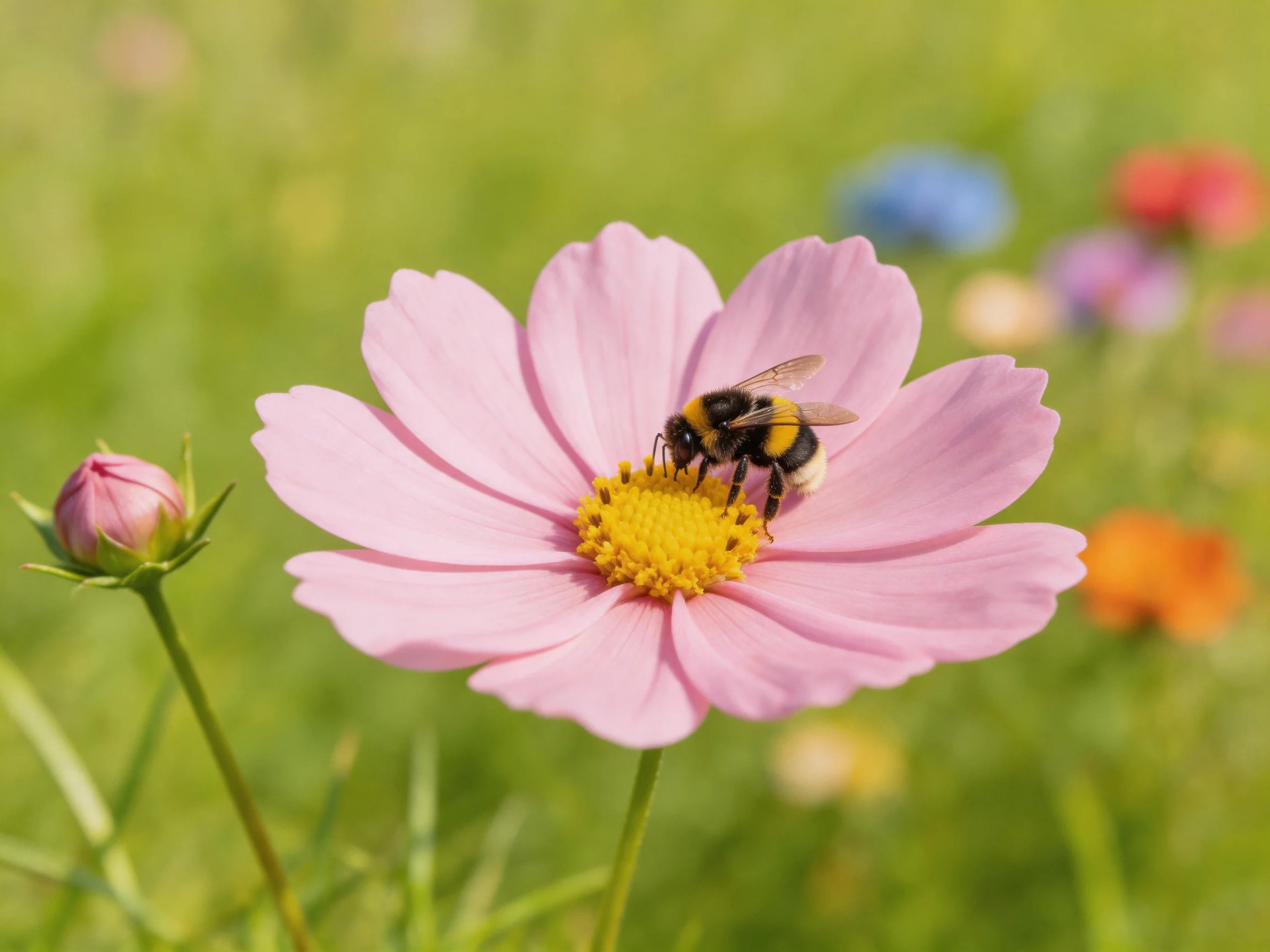 A bumblebee gathers nectar from a large pink cosmos flower