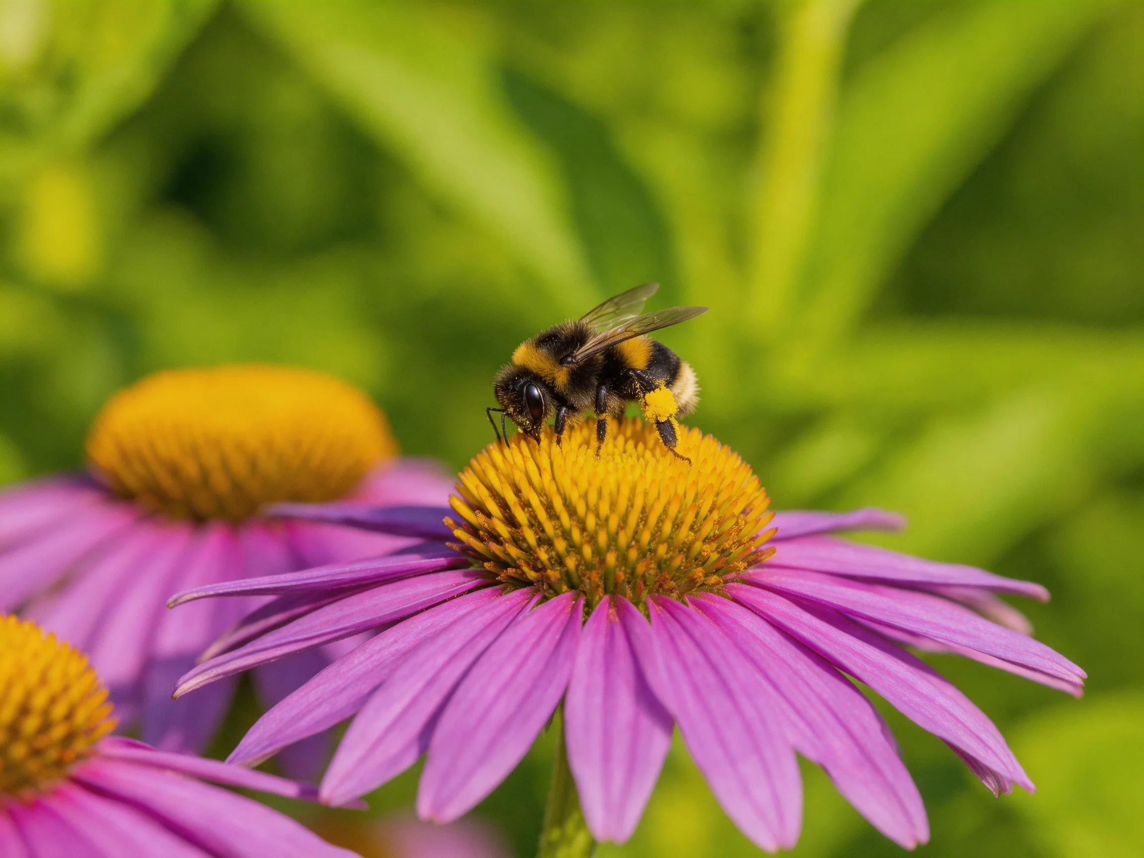A bumblebee gathers nectar from vibrant purple coneflowers