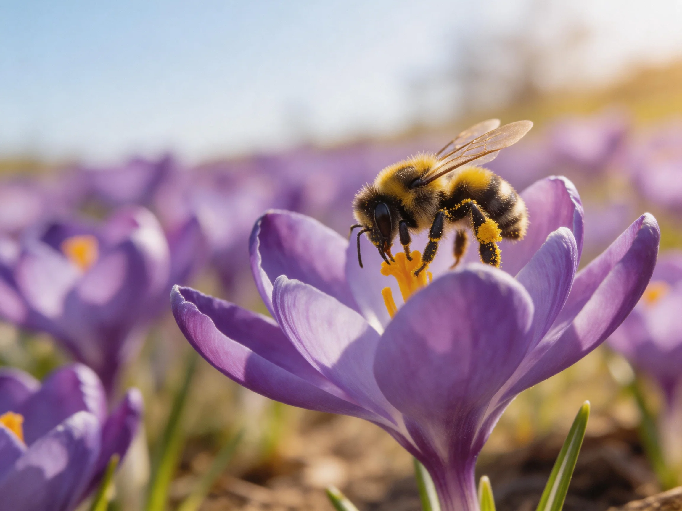 A bumblebee gathers nectar from vibrant purple crocus flowers