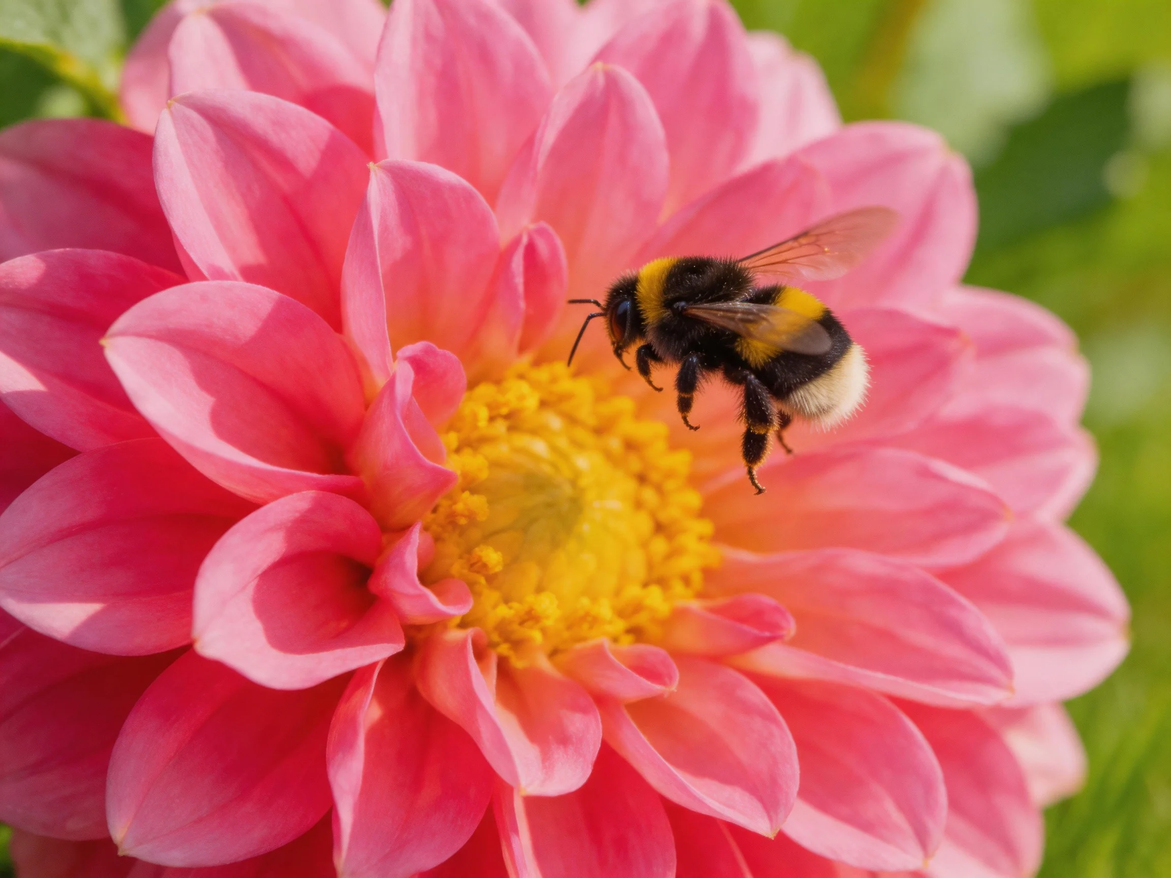 A bumblebee hovers near a large pink flower with a yellow center