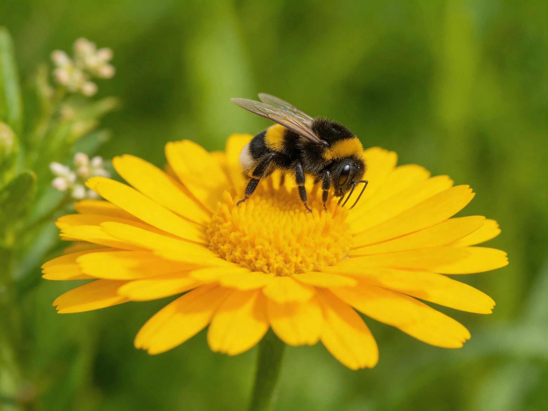 A bumblebee with black and yellow stripes gathers nectar from a large bright yellow flower