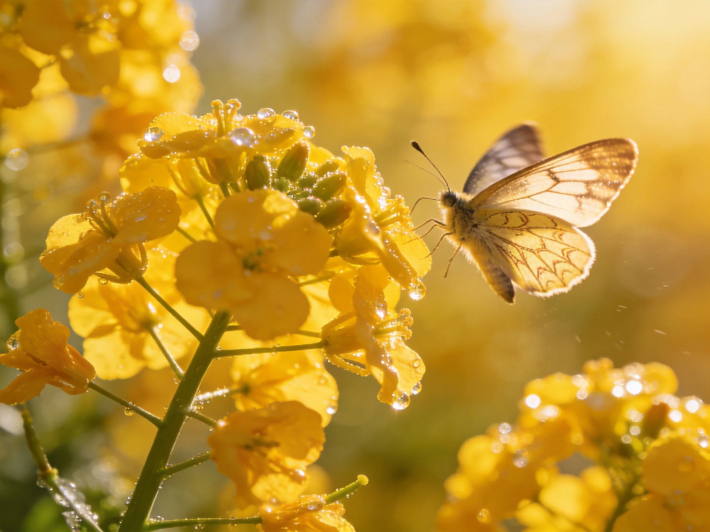 A butterfly near vibrant yellow flowers with dew drops