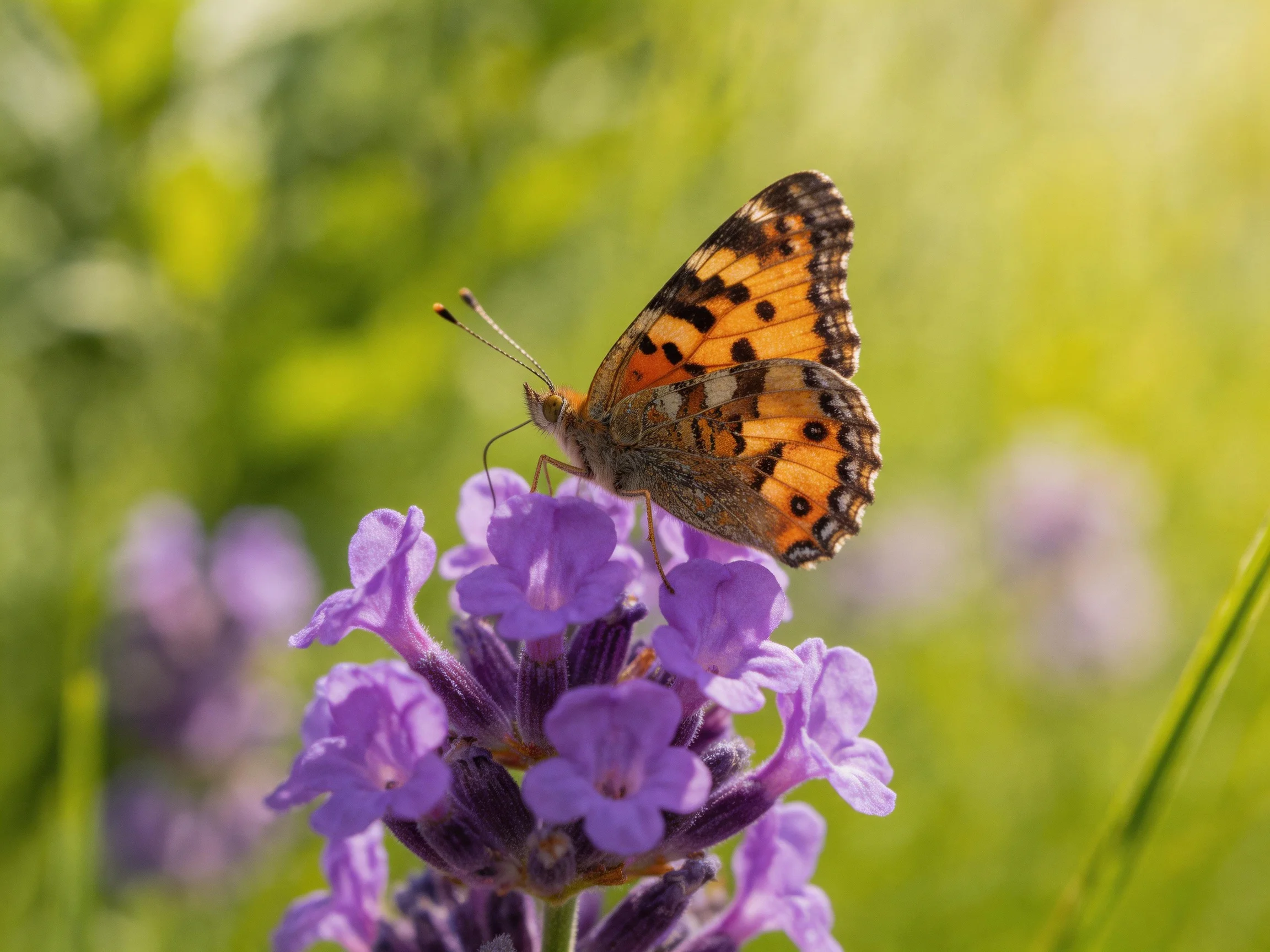 A butterfly perched on vibrant purple lavender blooms in a sunlit meadow