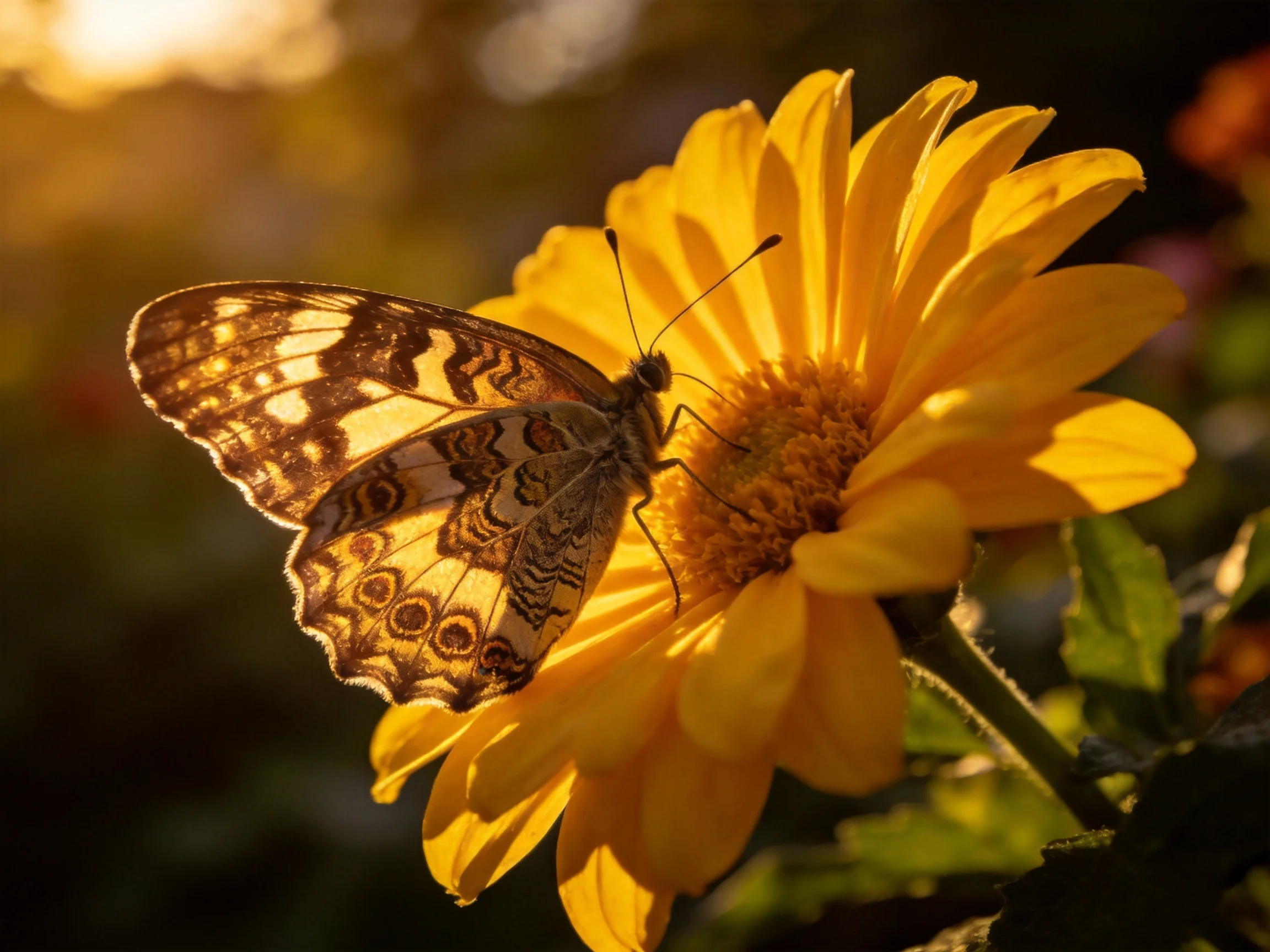 A butterfly perches on a bright yellow flower in golden sunlight