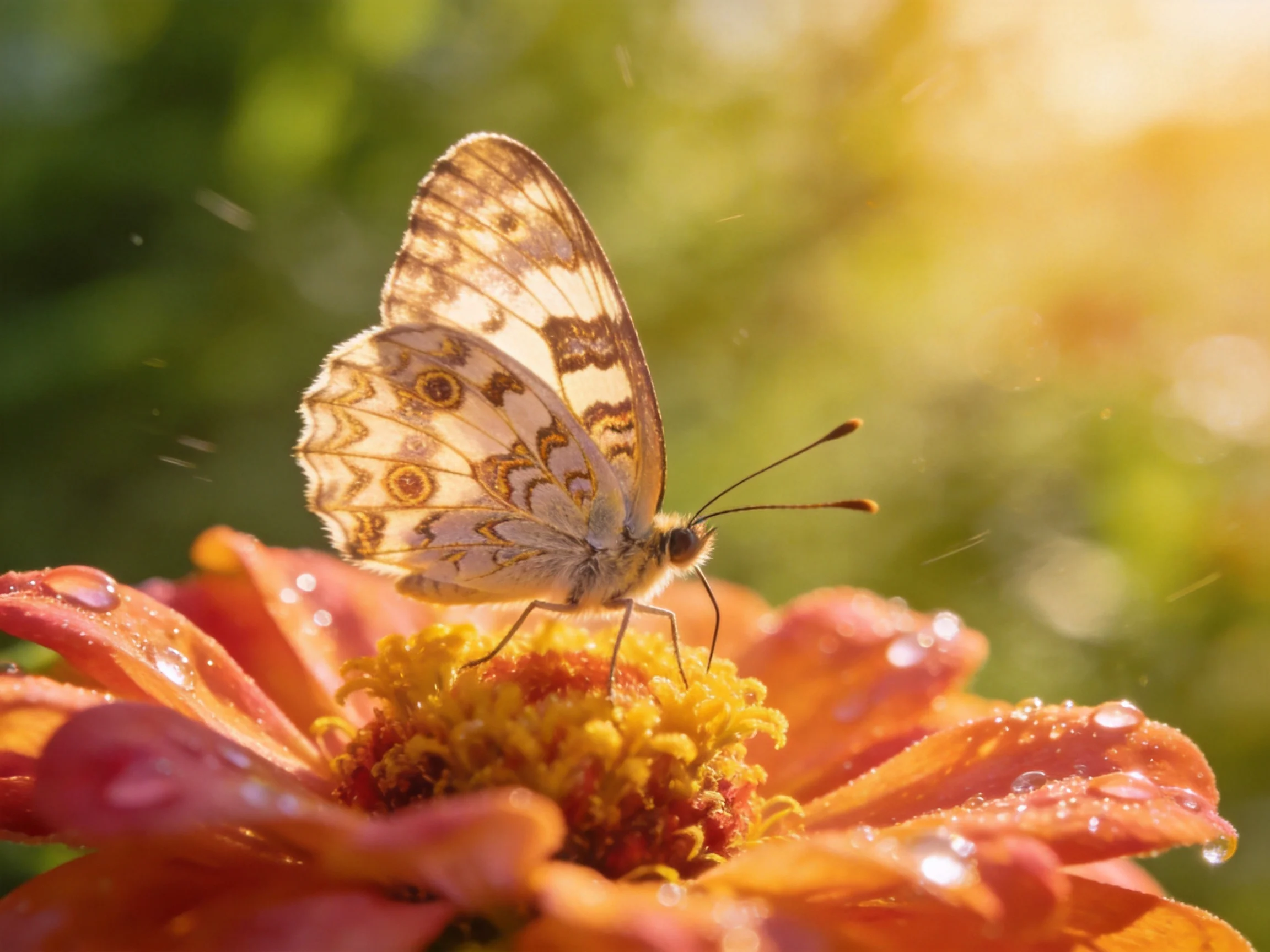 A butterfly perches on an orange flower with dew drops