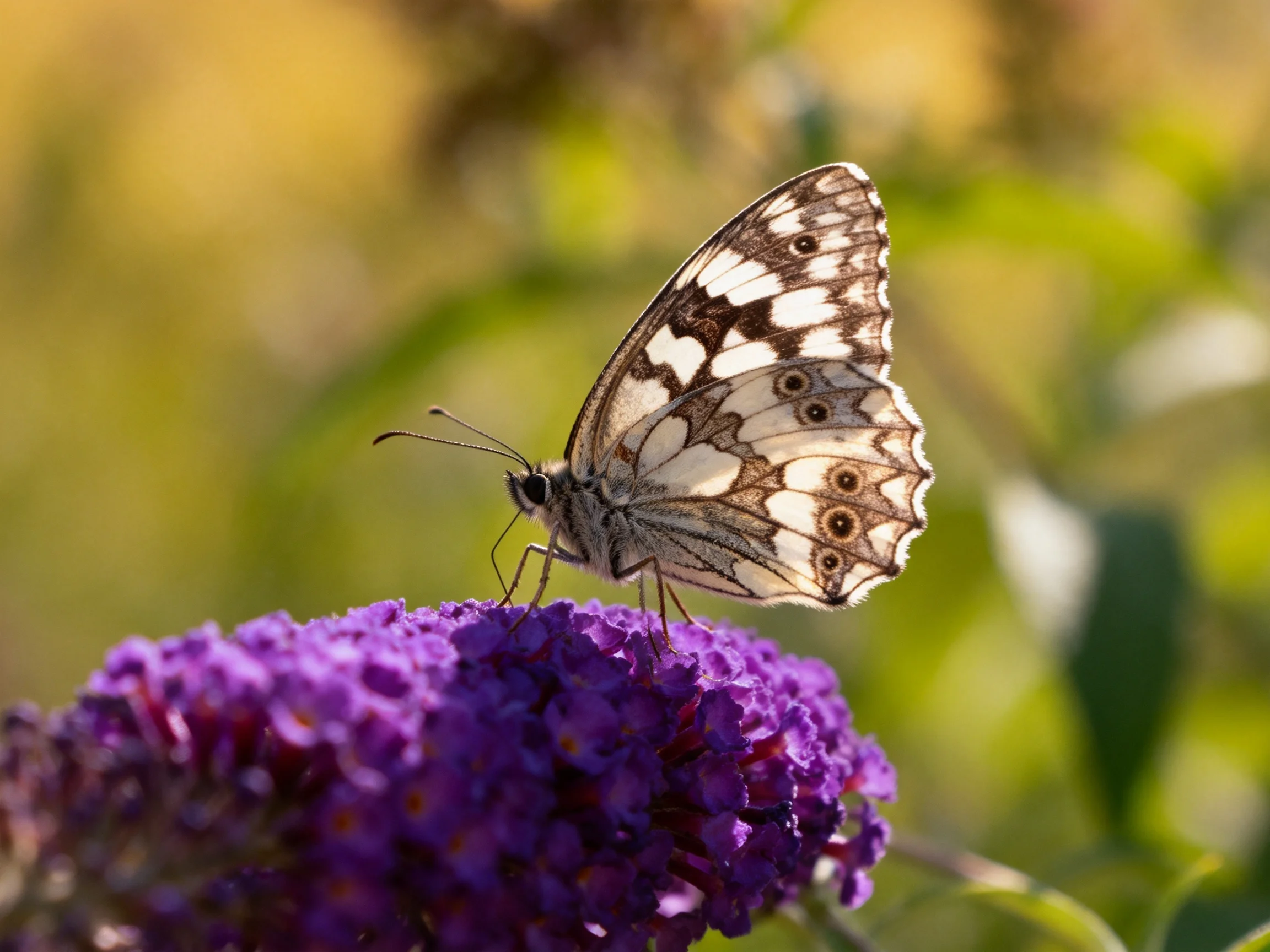 A butterfly perches on vibrant purple flowers in a sunlit garden