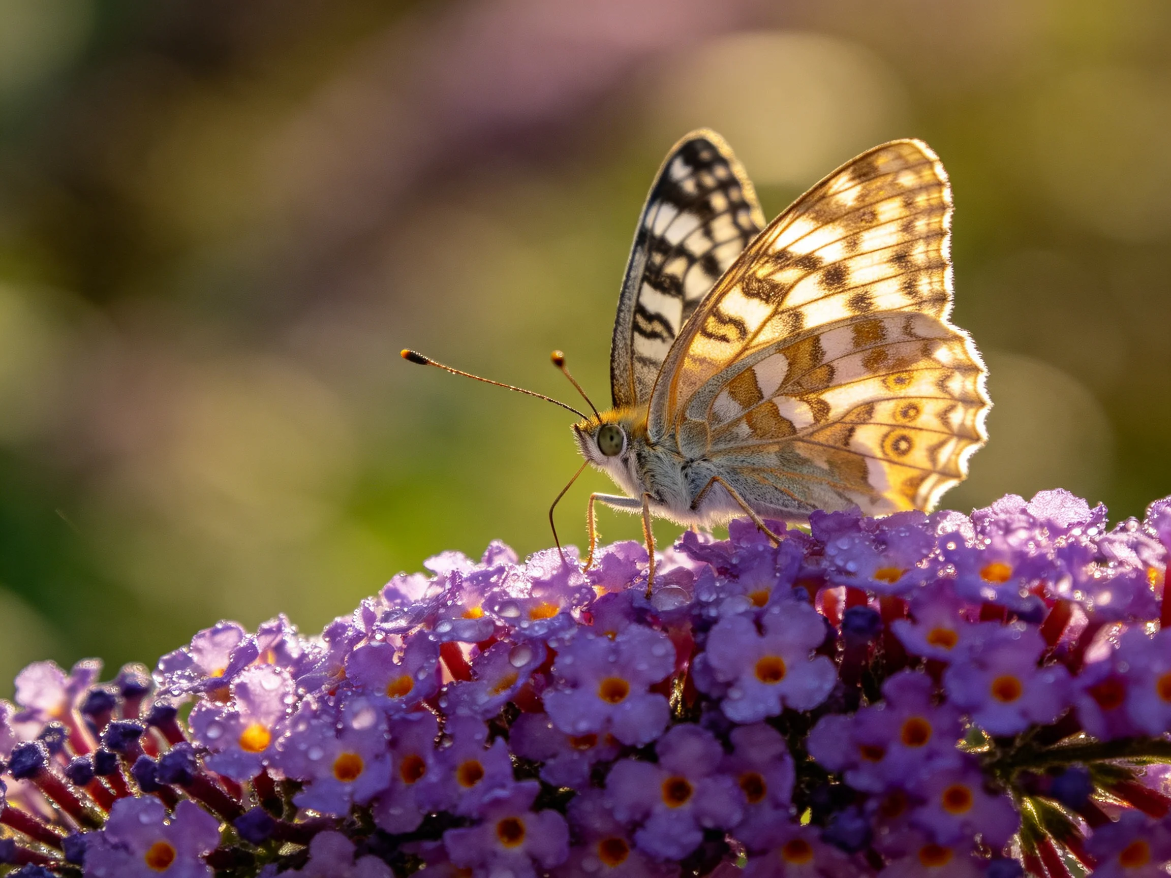 A butterfly perches on vibrant purple flowers with detailed wing markings