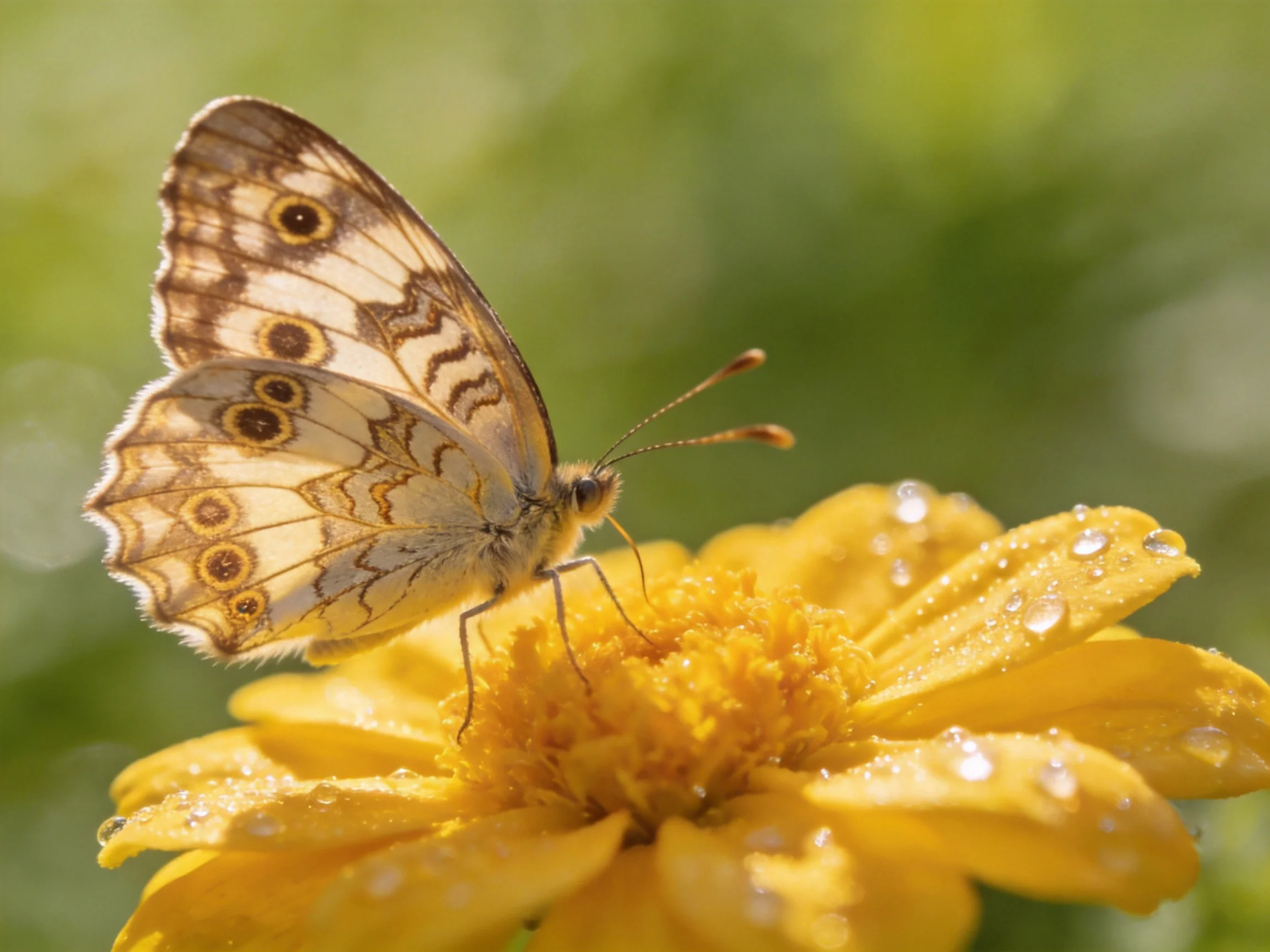 A butterfly rests on a dew-dotted yellow flower amid green blur