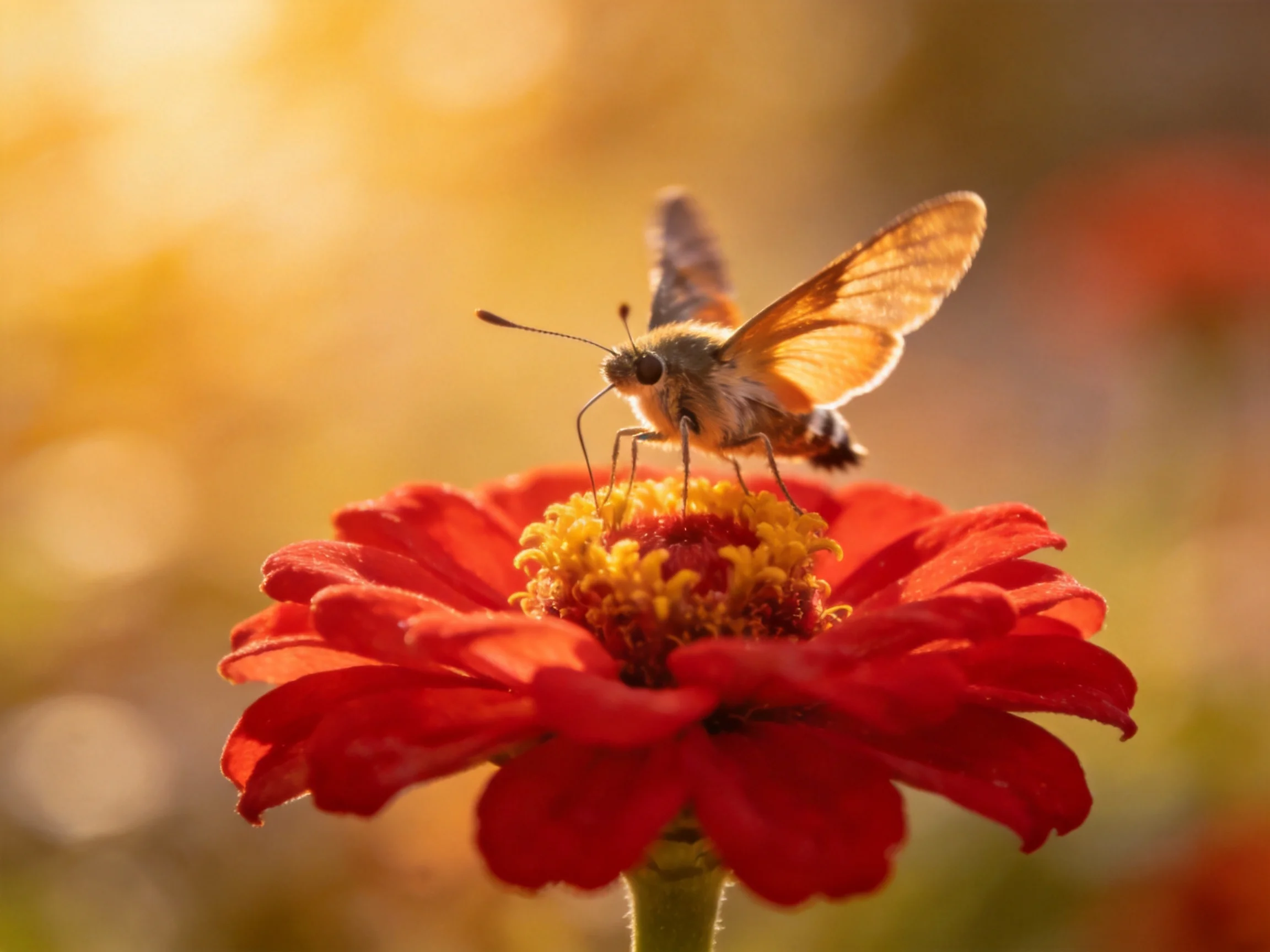 A butterfly rests on a vivid red flower with yellow center