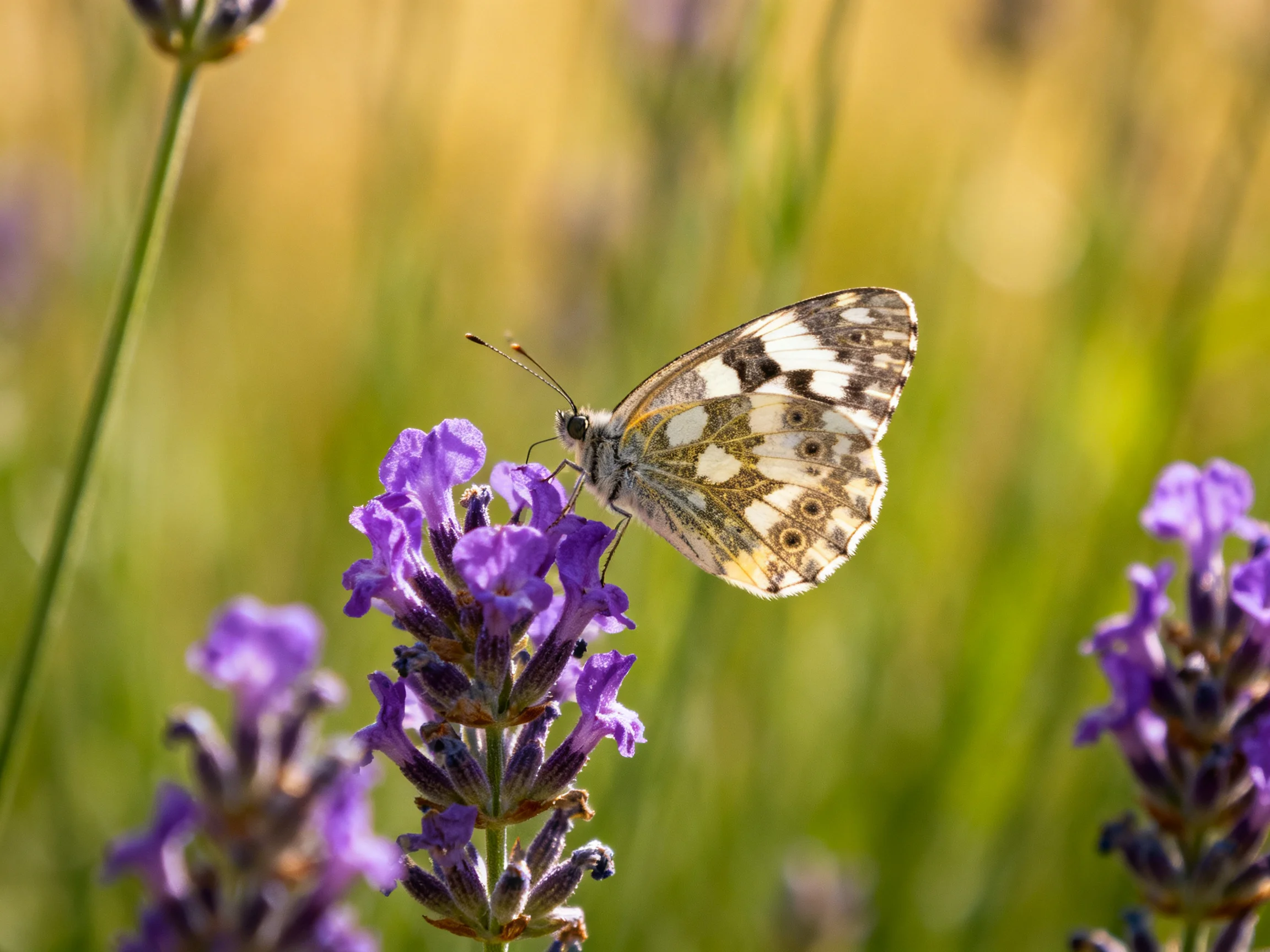 A butterfly rests on vivid purple lavender blooms in a sunlit meadow