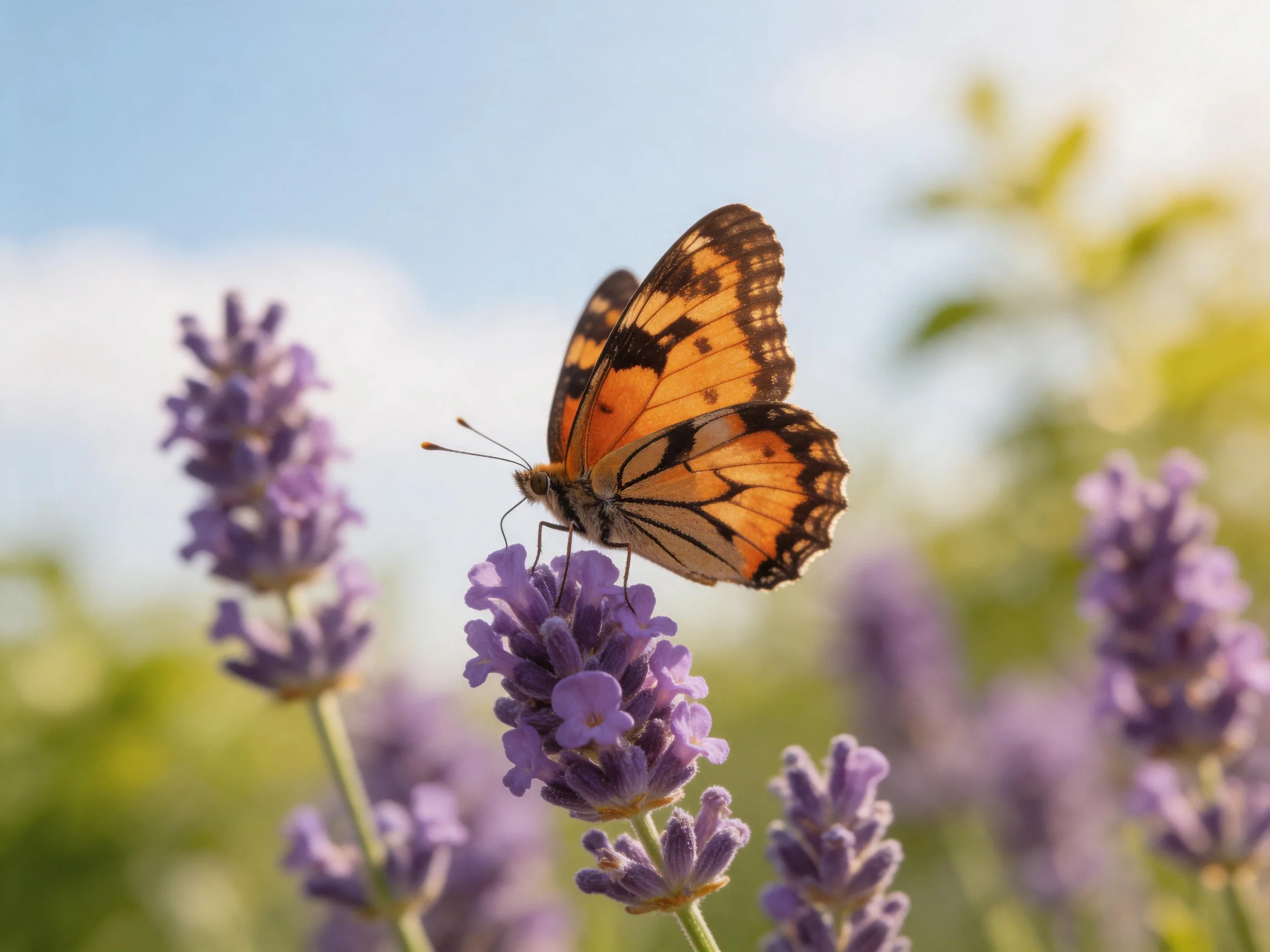 A butterfly rests on vivid purple lavender blossoms beneath a clear blue sky