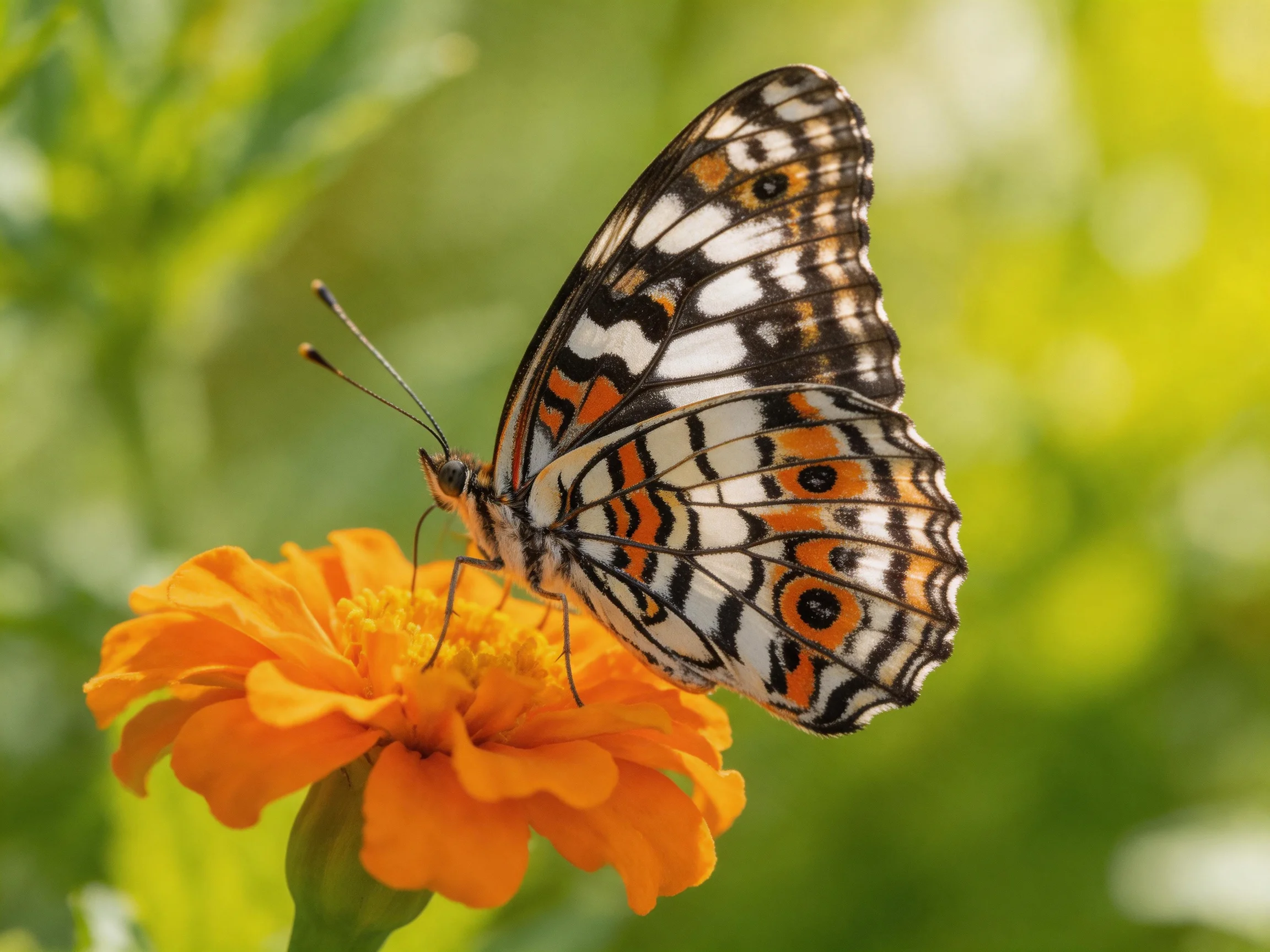 A butterfly with black, white, and orange wings rests on a vibrant orange marigold