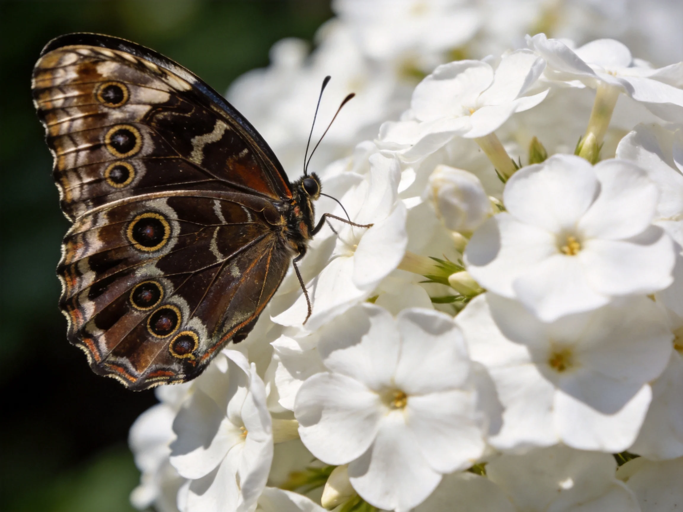 A butterfly with brown patterned wings rests on white clustered flowers