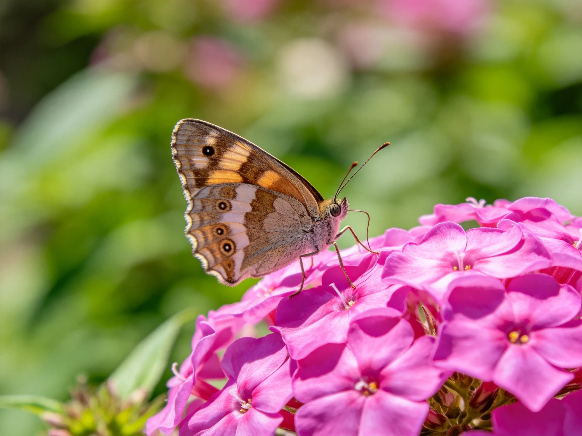 A butterfly with colorful wings perches on vibrant pink flowers among greenery
