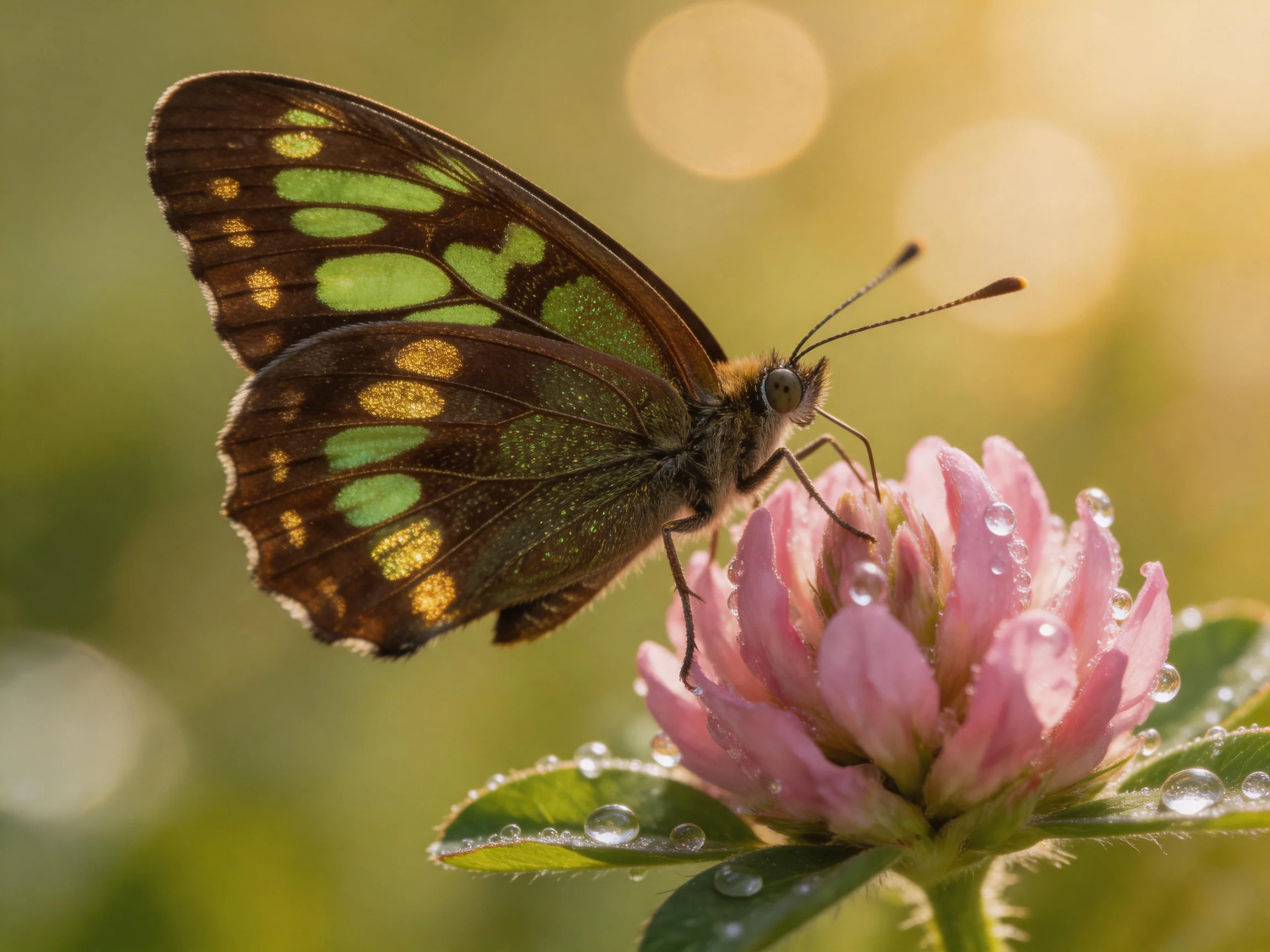 A butterfly with green and gold markings perches on a dewy pink clover blossom