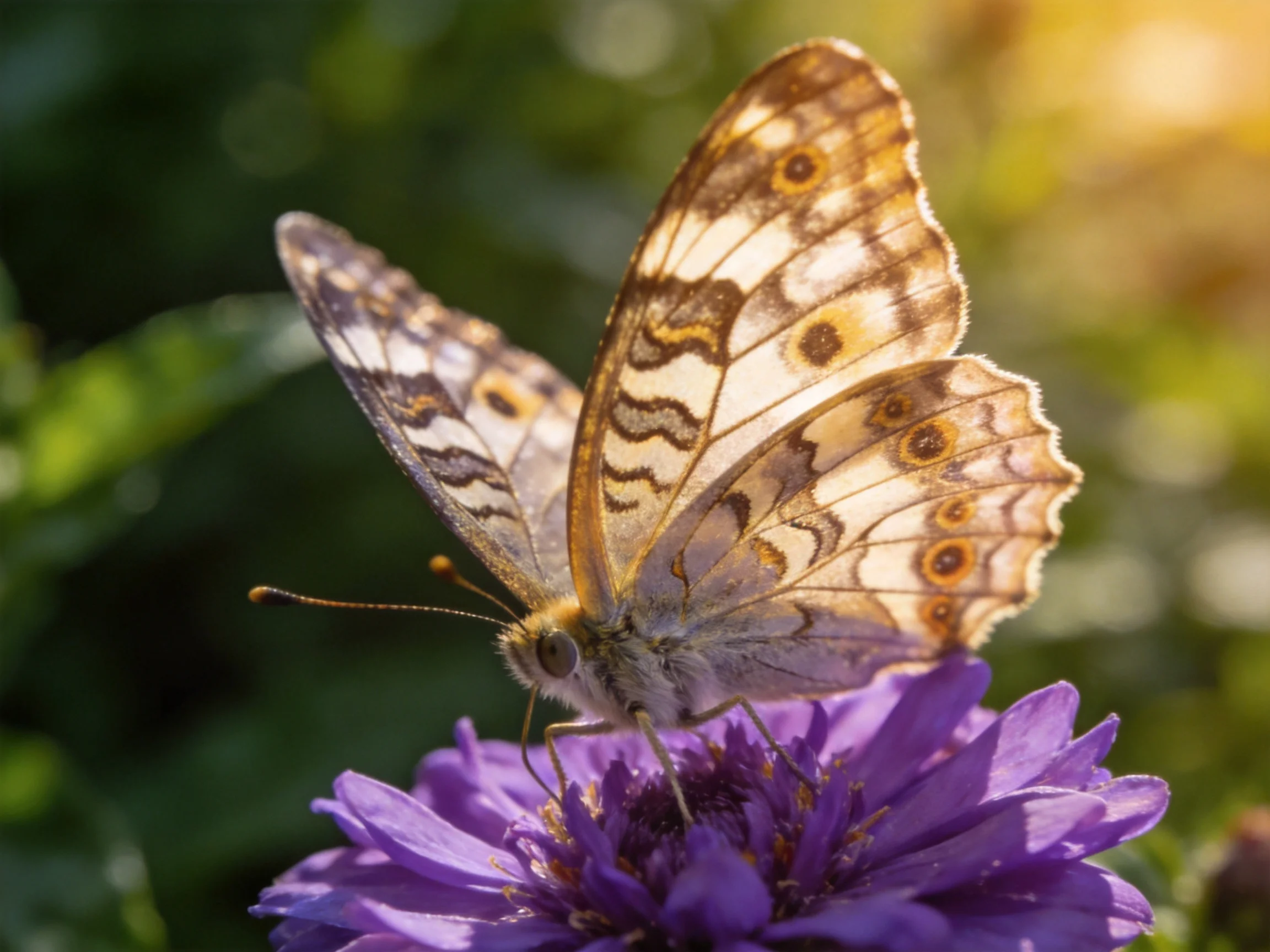 A butterfly with intricately patterned wings rests on a vibrant purple flower