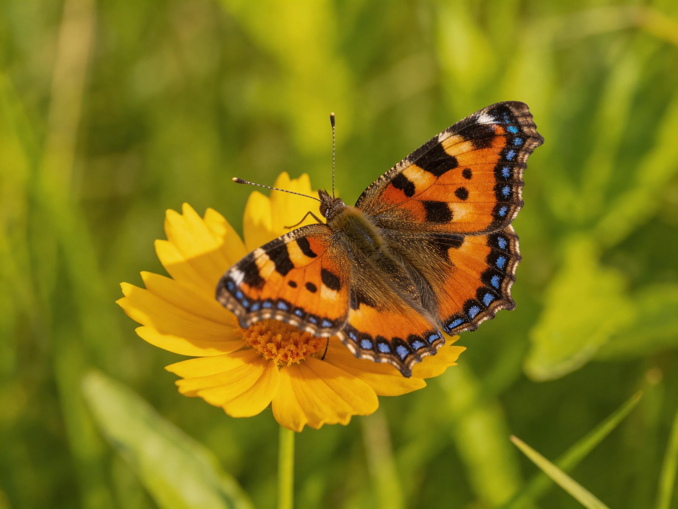 A butterfly with orange and black wings rests on a yellow flower