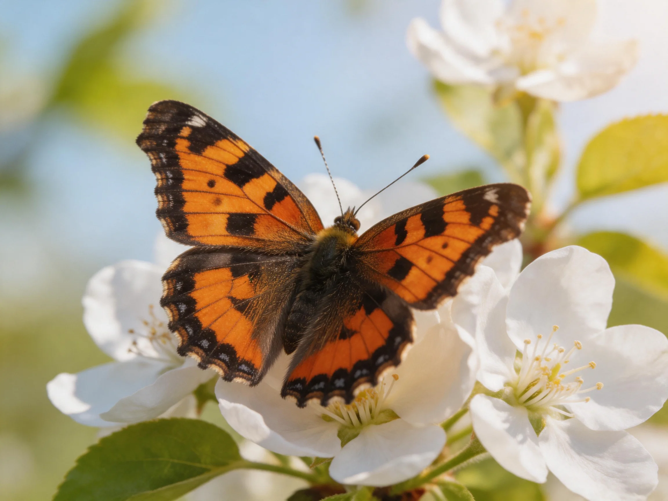A butterfly with orange and black wings rests on white blossoms