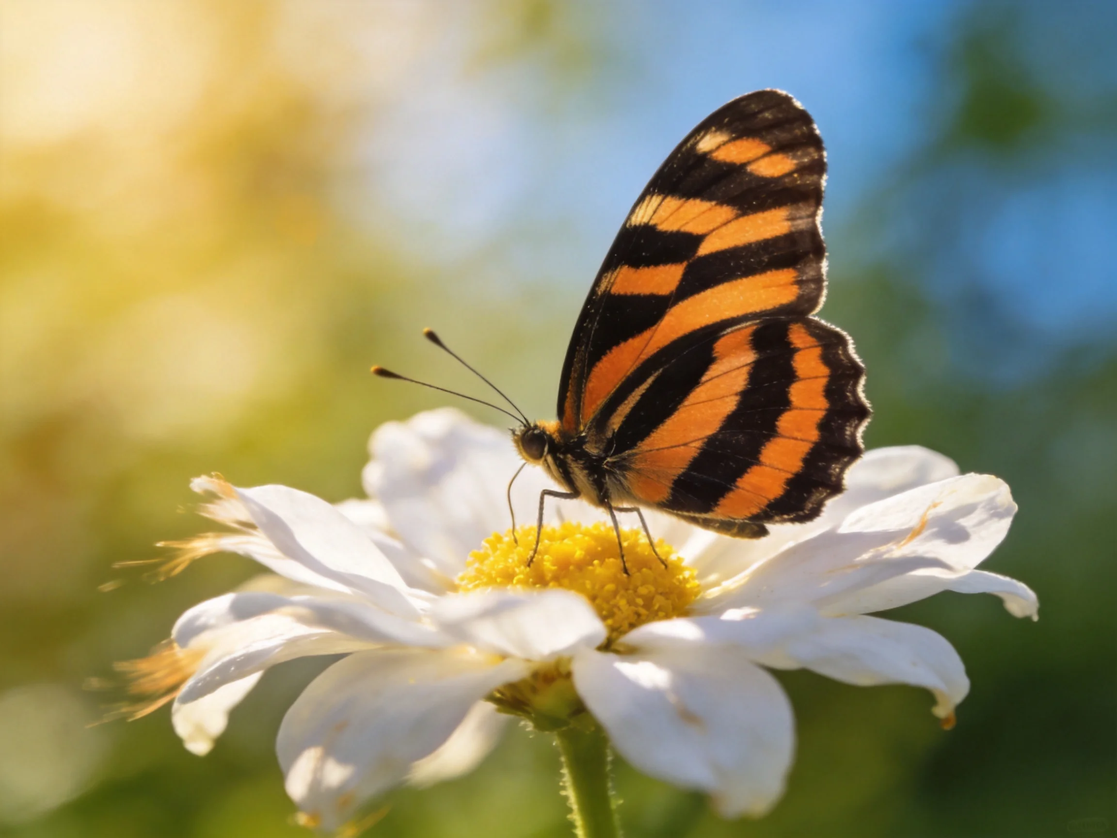 A butterfly with orange-black wings rests on a white daisy