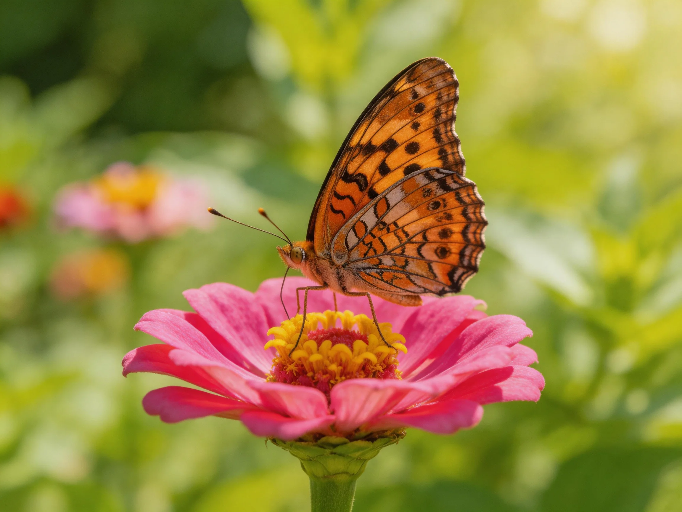 A butterfly with orange-patterned wings rests atop a vibrant pink flower