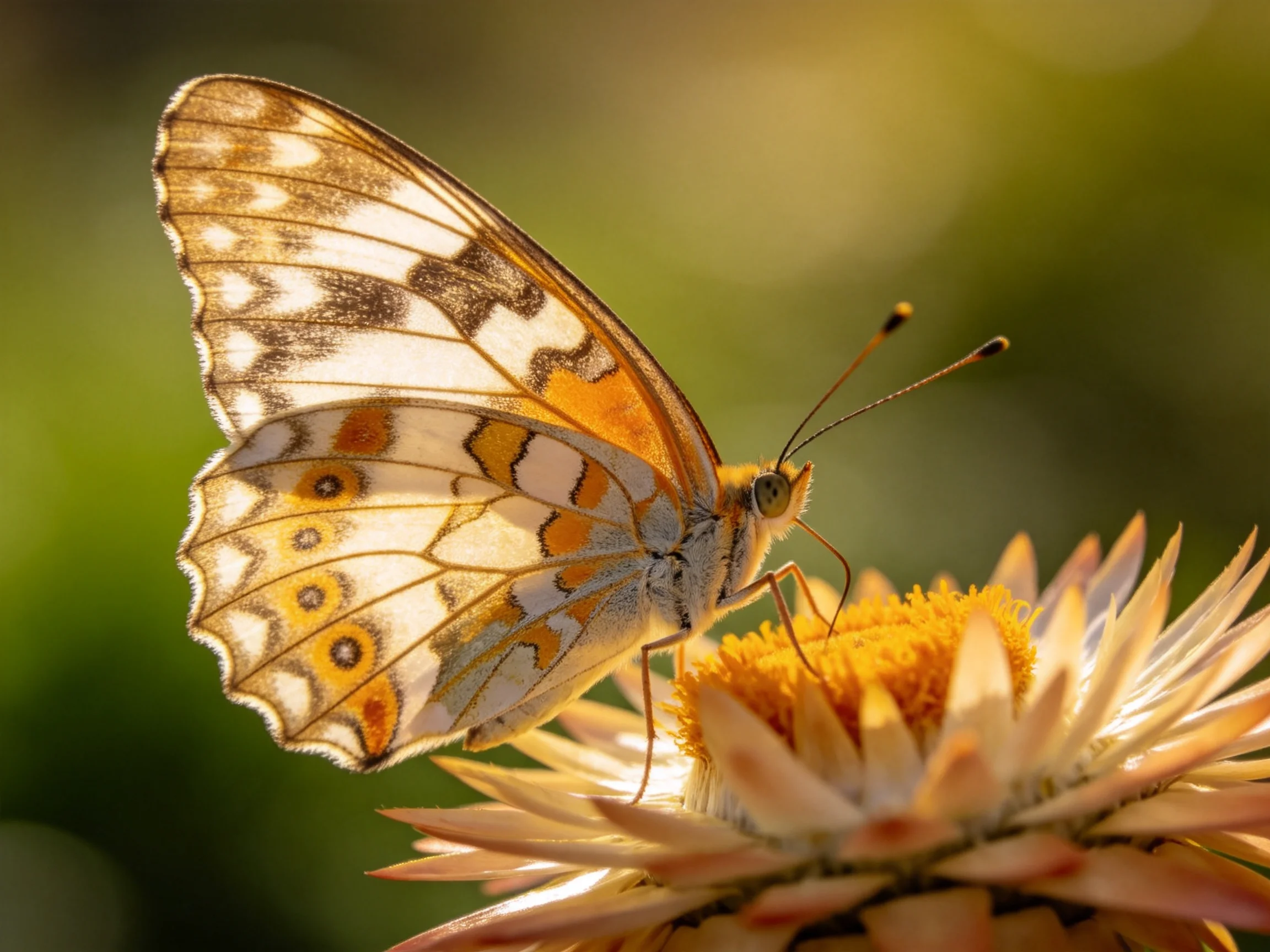A butterfly with patterned wings rests on a vibrant yellow flower