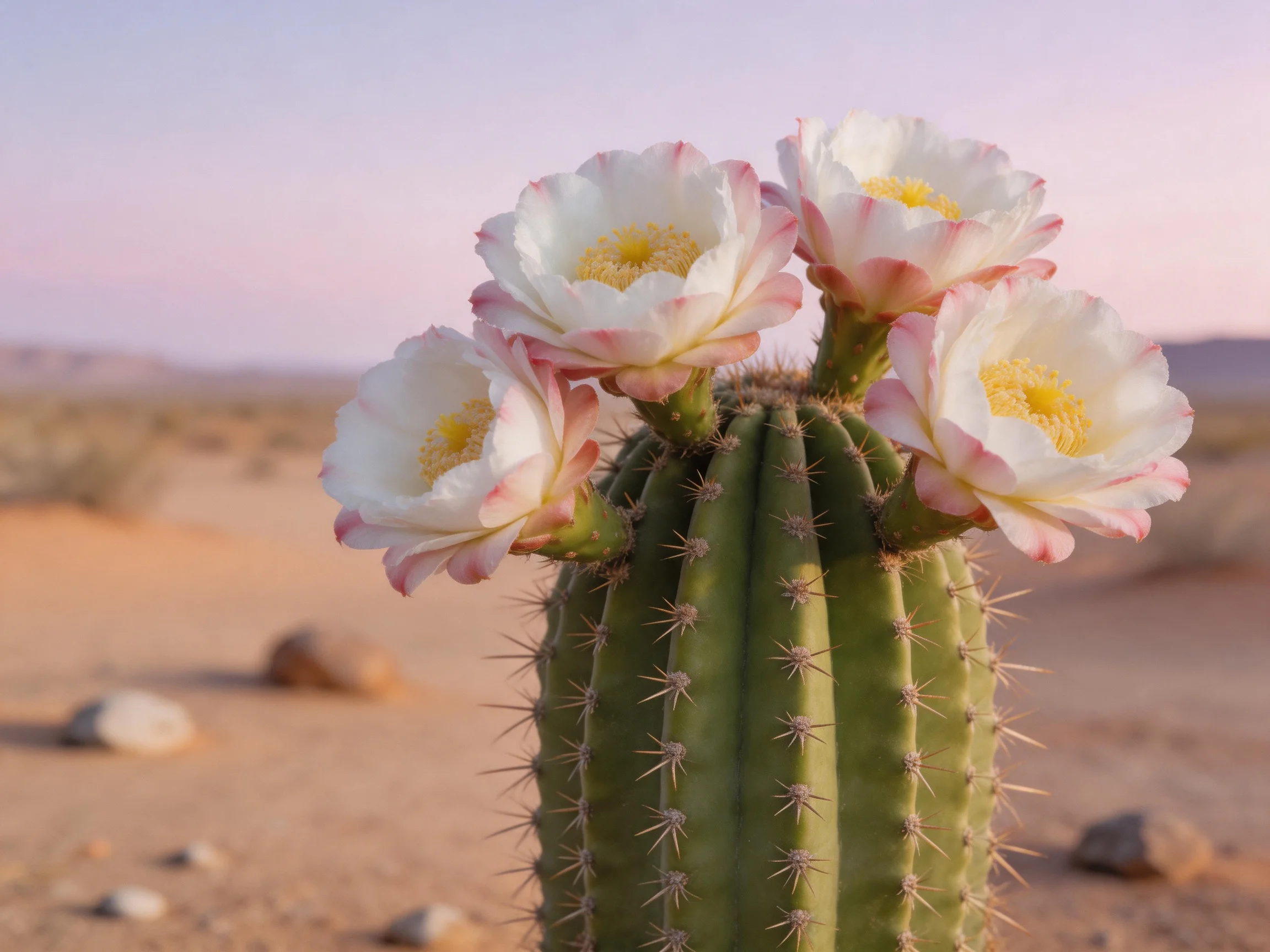 A cactus with pink-edged white blooms in a desert landscape