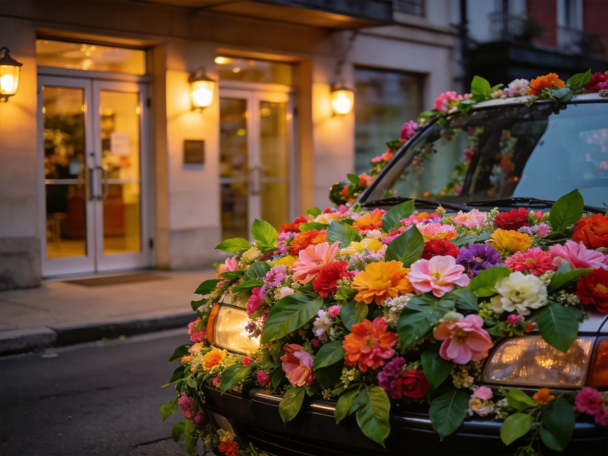 A car decorated with vibrant multicolored flowers outside a warmly lit building